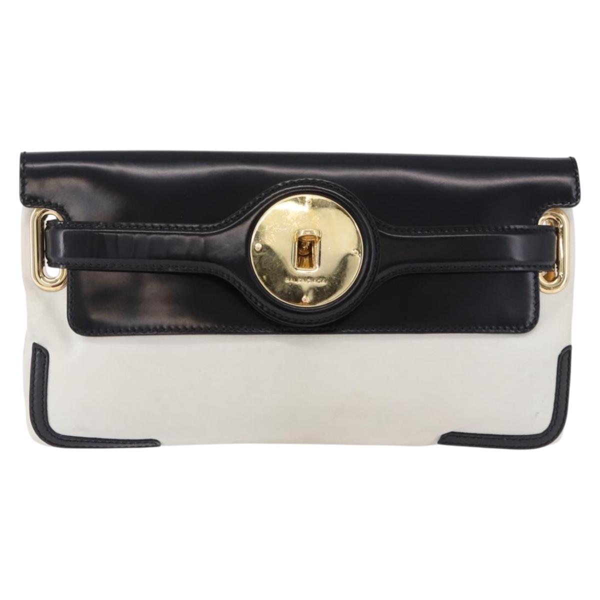 BALENCIAGA Clutch Bag Leather White Gold Tone 411542 Auth 192764