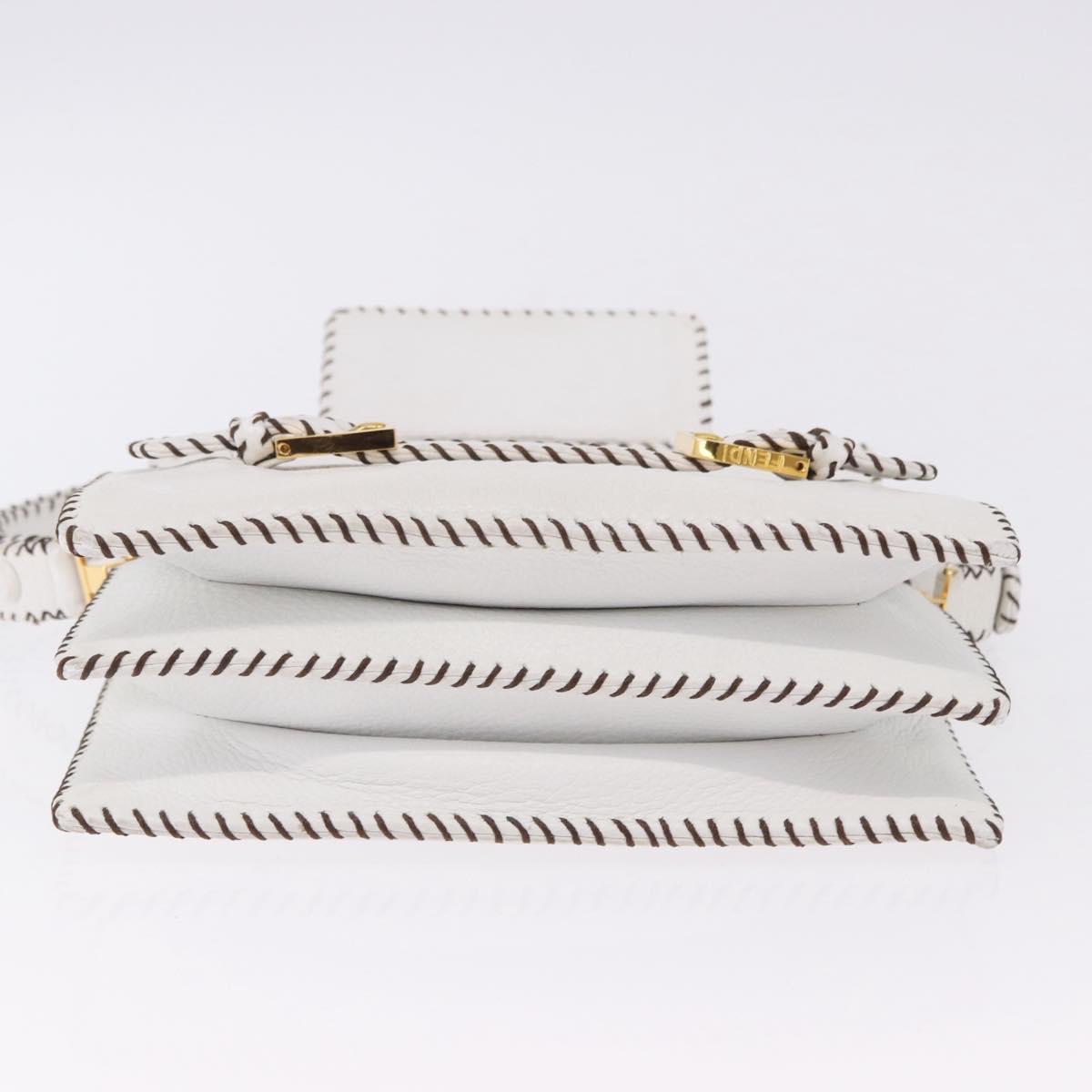 FENDI Shoulder Bag Leather White Gold Tone Auth 192766V