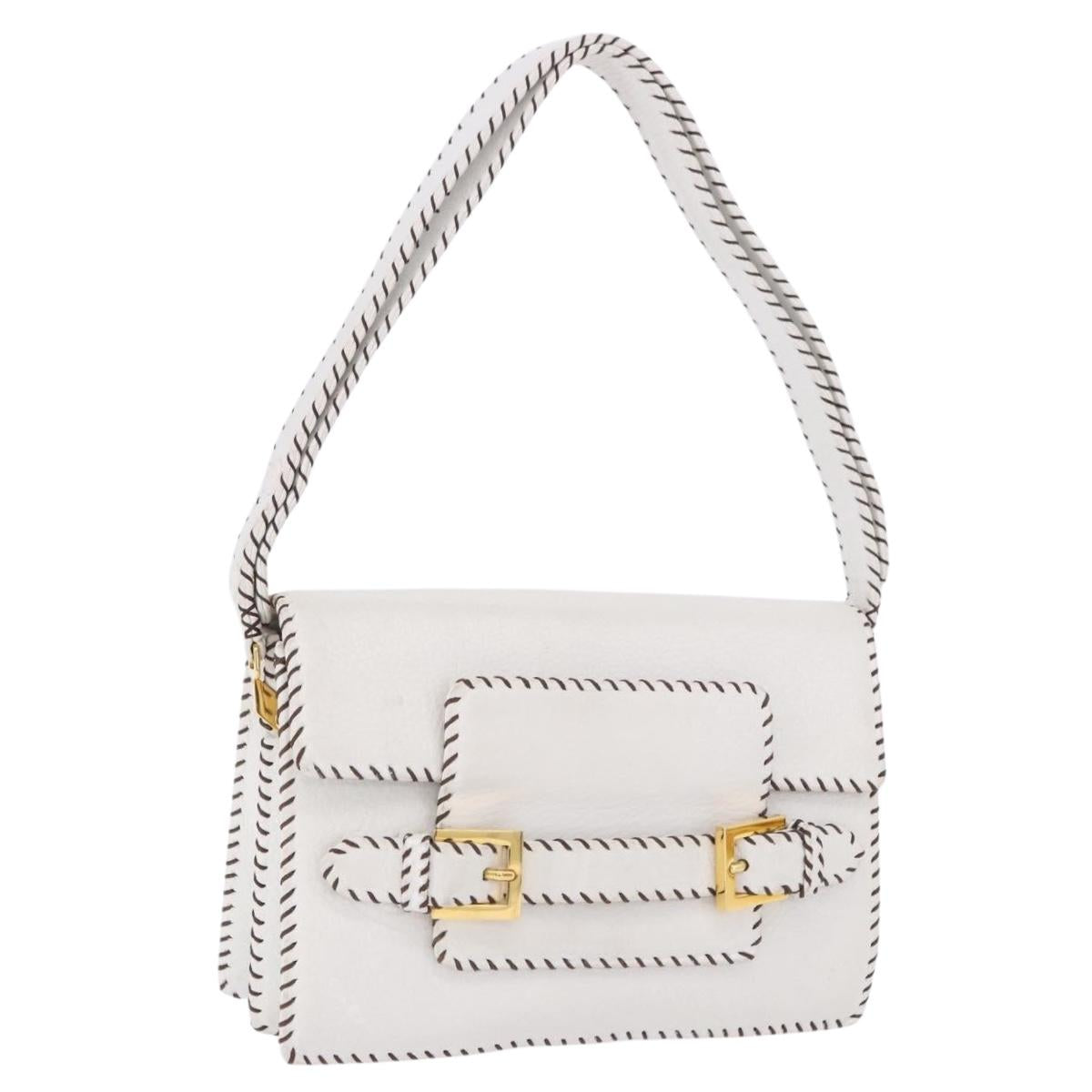 FENDI Shoulder Bag Leather White Gold Tone Auth 192766V