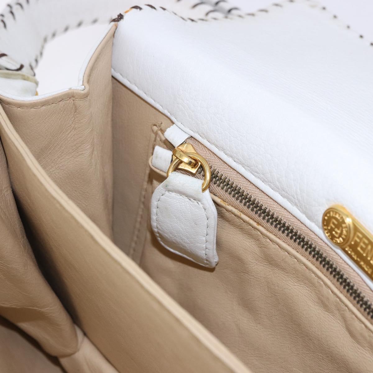 FENDI Shoulder Bag Leather White Gold Tone Auth 192766V
