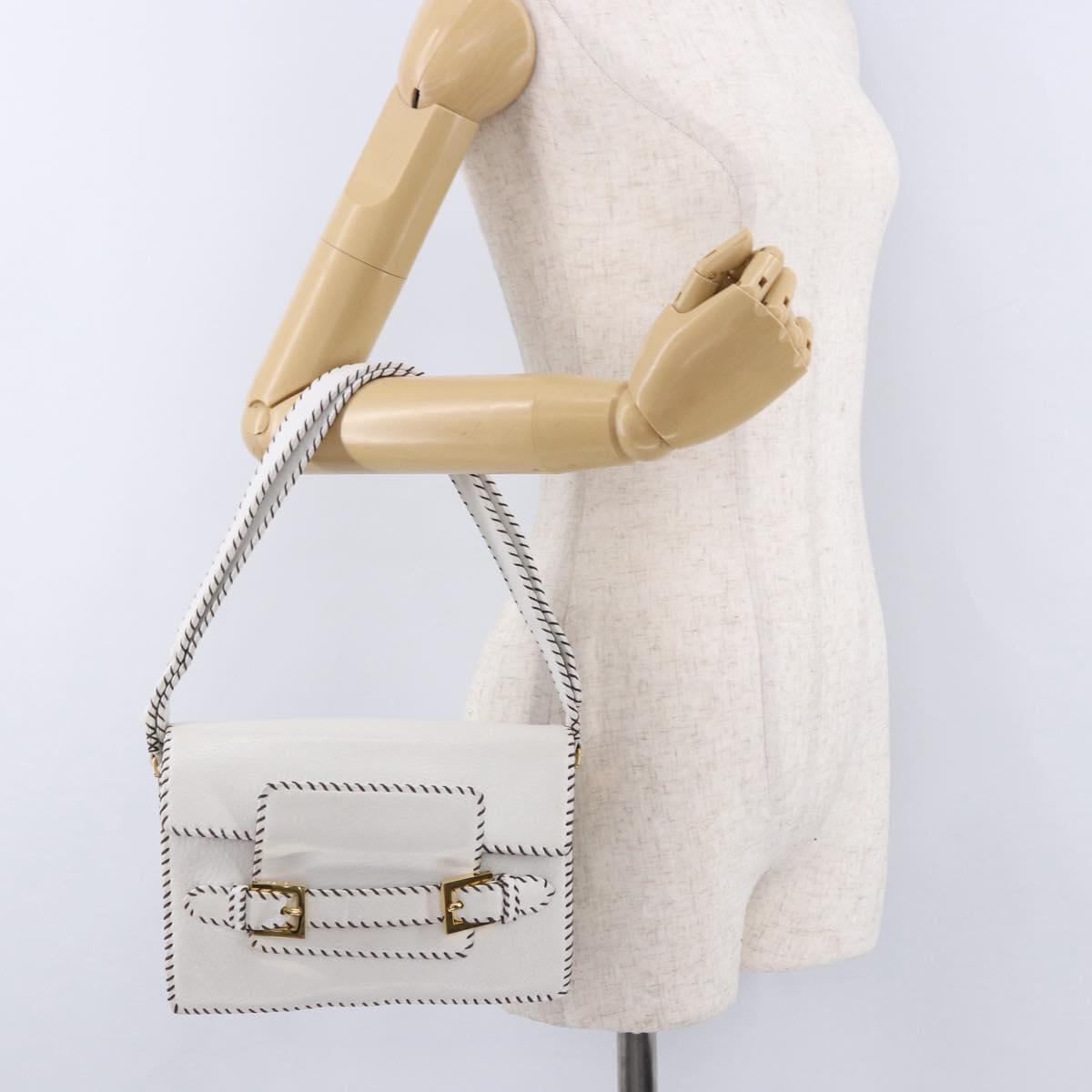 FENDI Shoulder Bag Leather White Gold Tone Auth 192766V