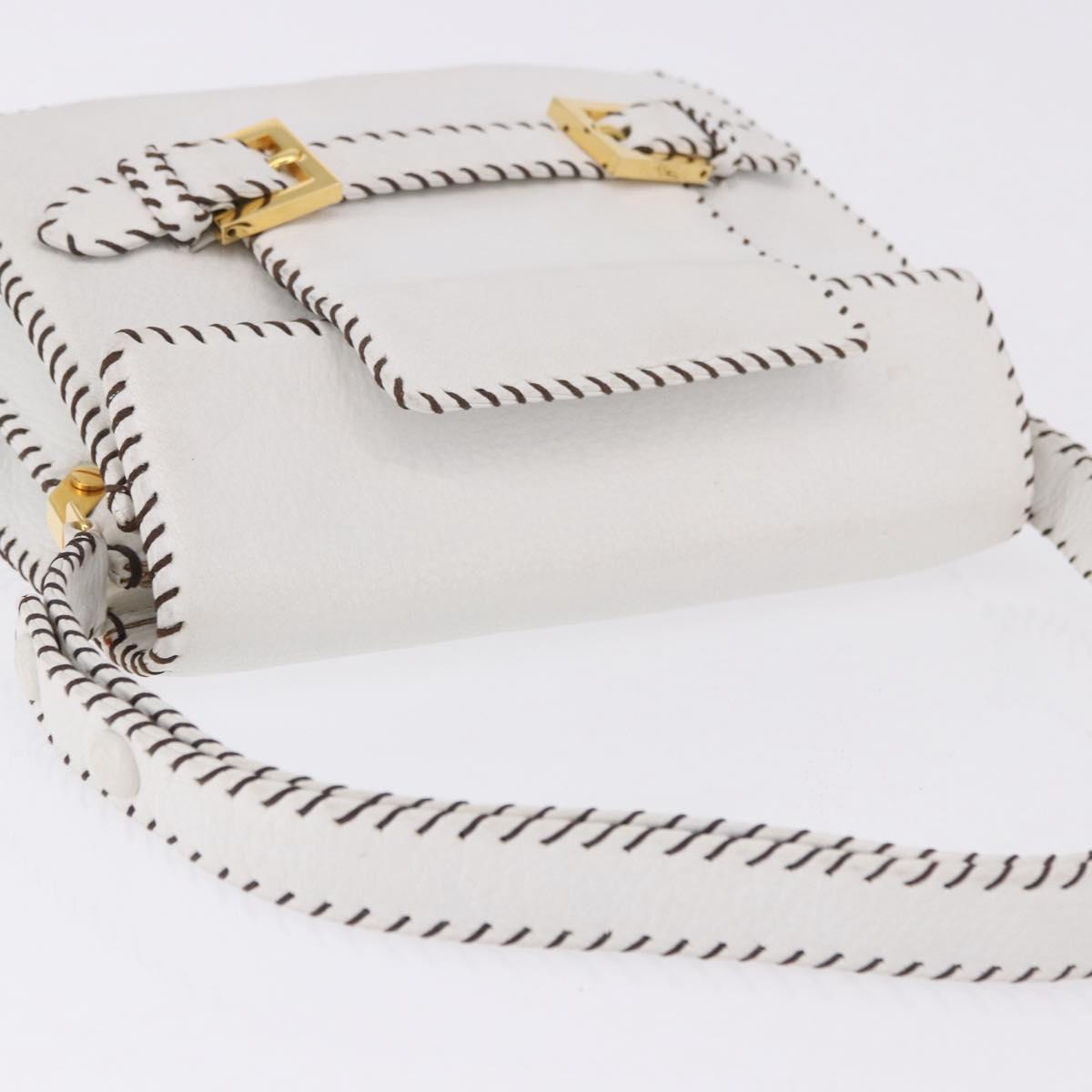 FENDI Shoulder Bag Leather White Gold Tone Auth 192766V