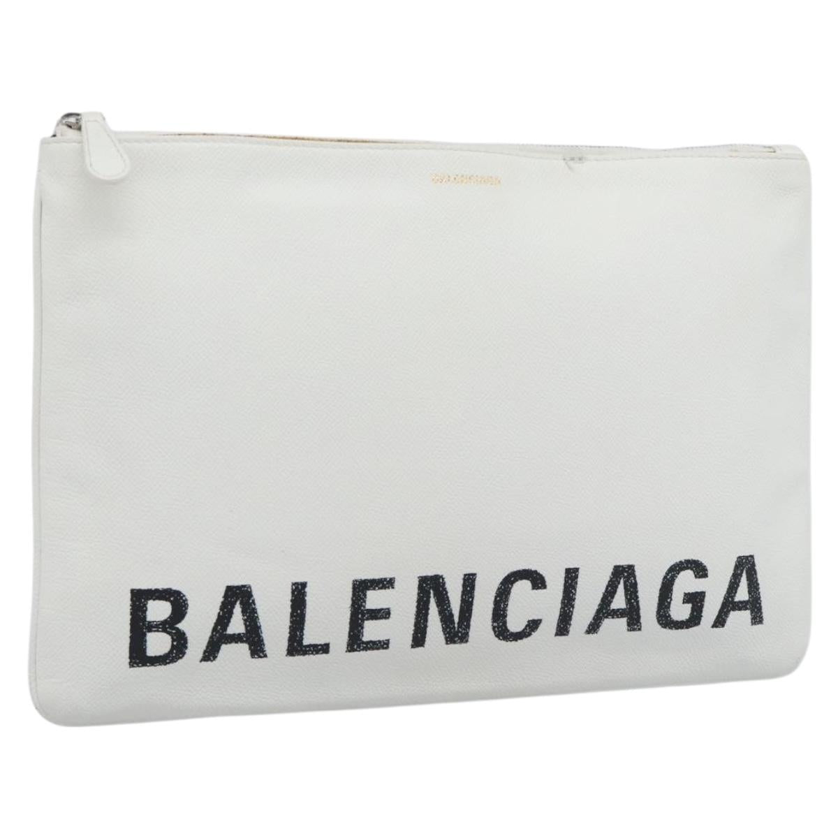 BALENCIAGA Clutch Bag Leather White Silver 529313 Auth 192768