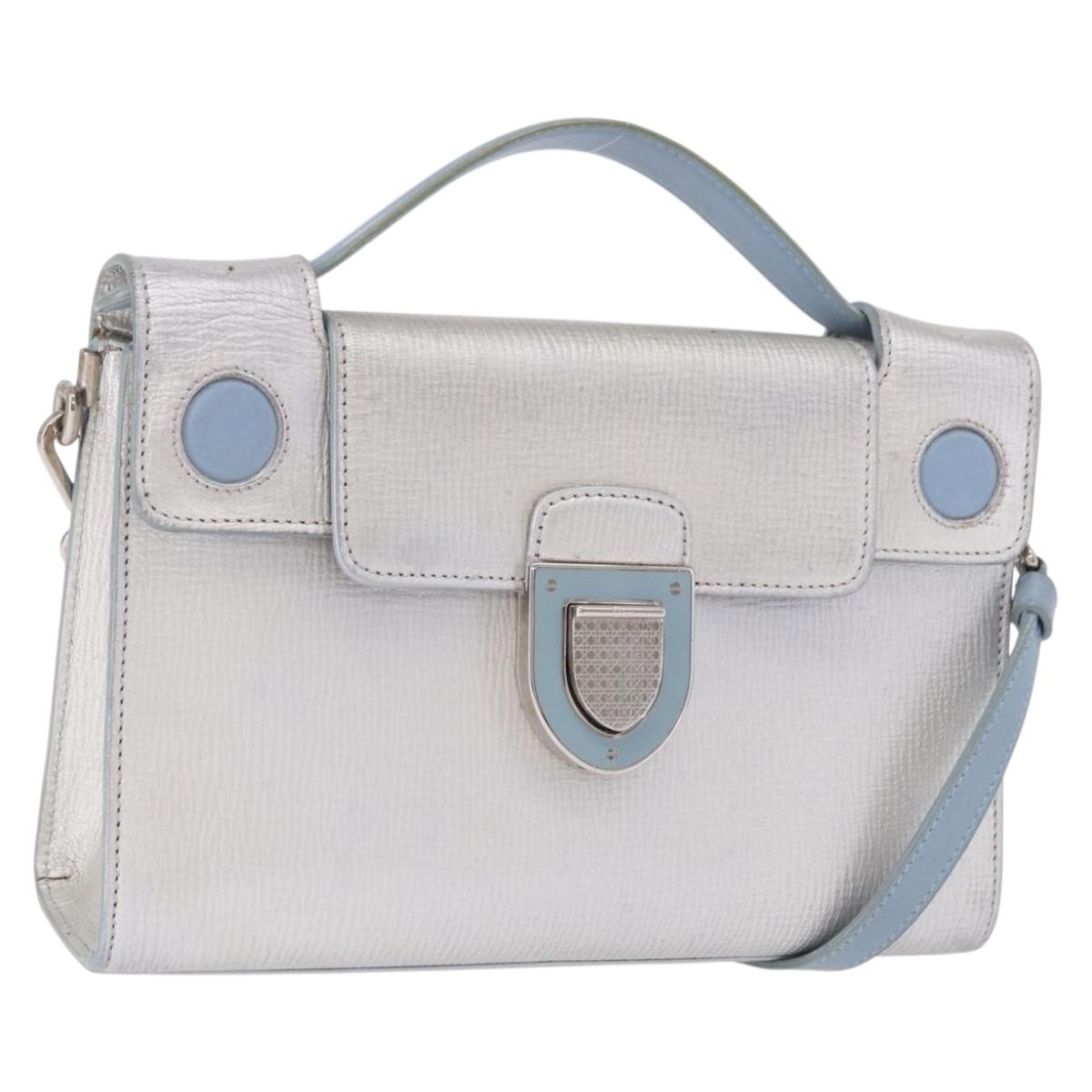 Christian Dior Hand Bag Leather 2way Silver Blue Auth 192769