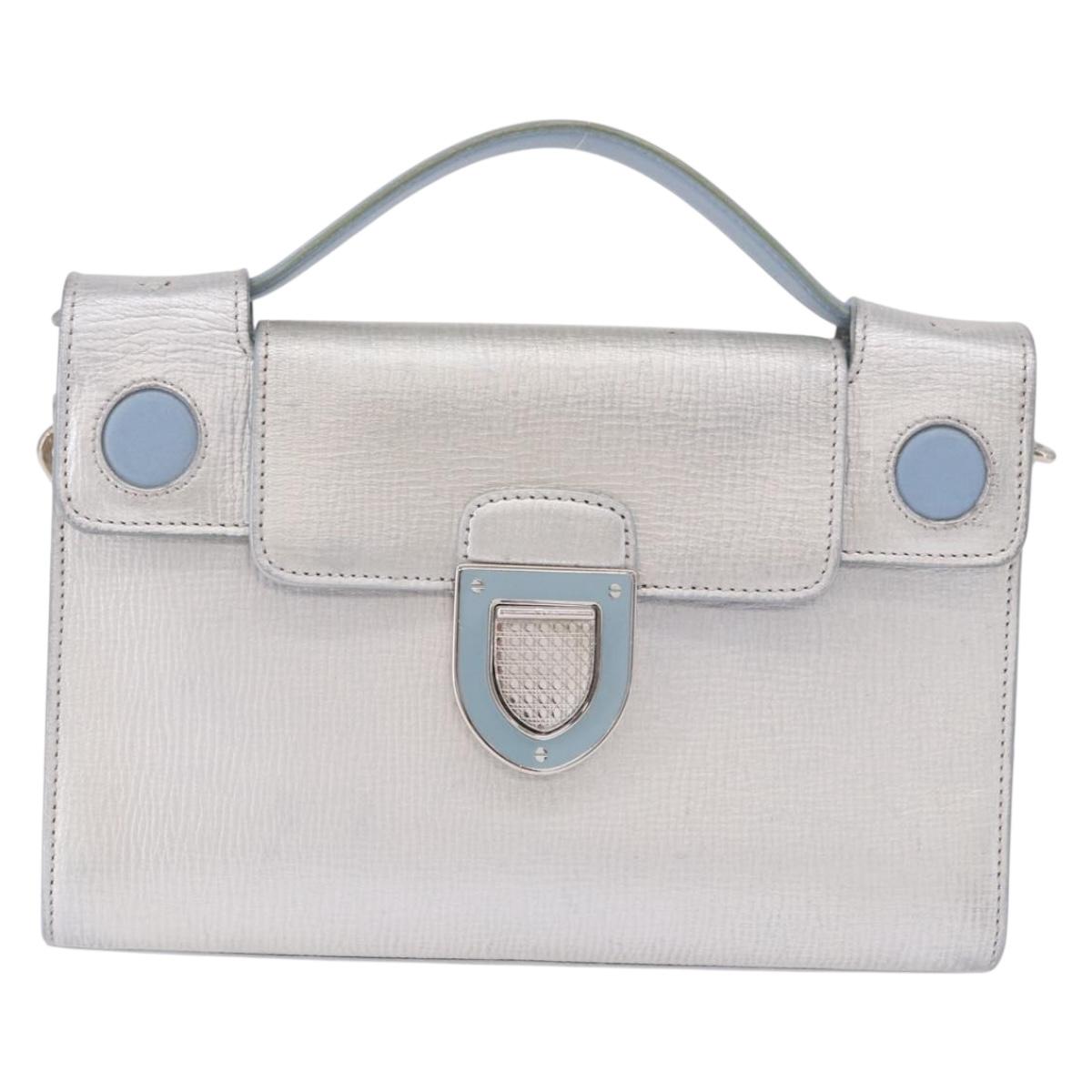 Christian Dior Hand Bag Leather 2way Silver Blue Auth 192769