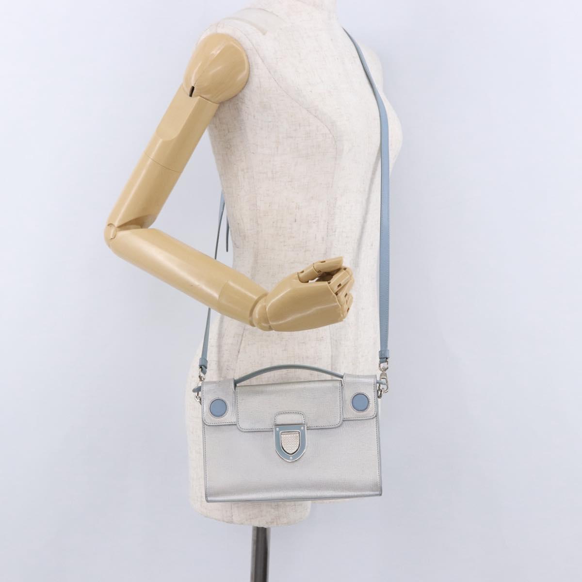 Christian Dior Hand Bag Leather 2way Silver Blue Auth 192769