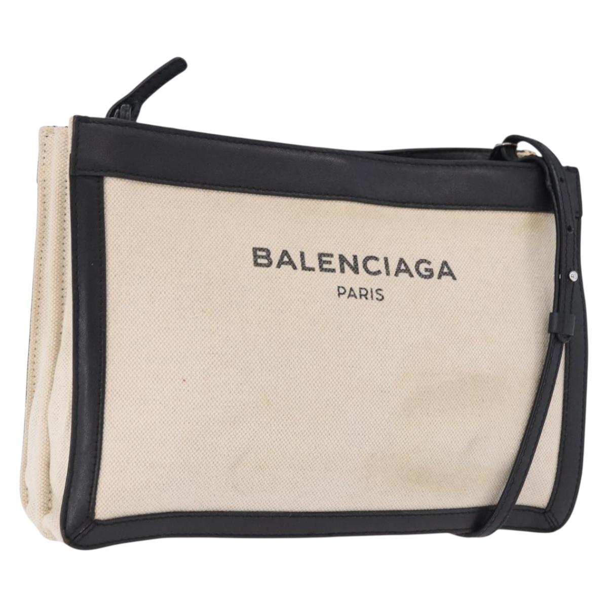 BALENCIAGA Navy Pochette Shoulder Bag Canvas Ivory Black 339937 Auth 192772