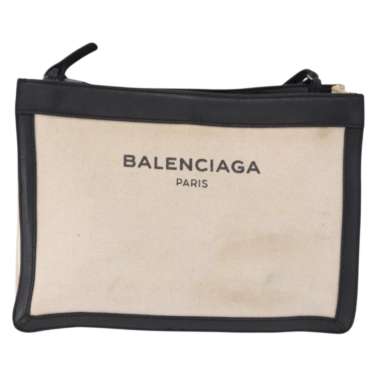 BALENCIAGA Navy Pochette Shoulder Bag Canvas Ivory Black 339937 Auth 192772