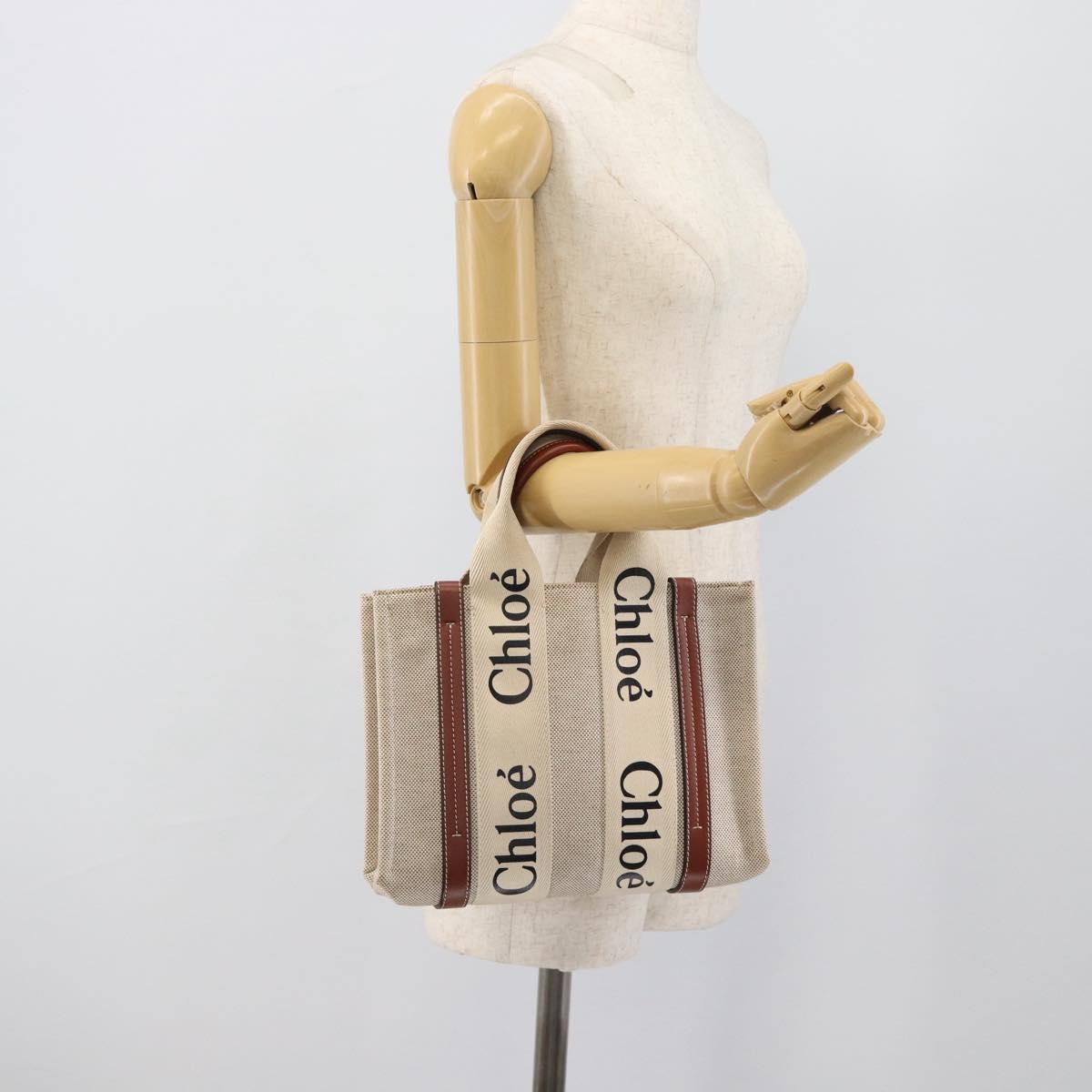 Chloe Woody Small Hand Bag Canvas Beige Brown Auth 192780