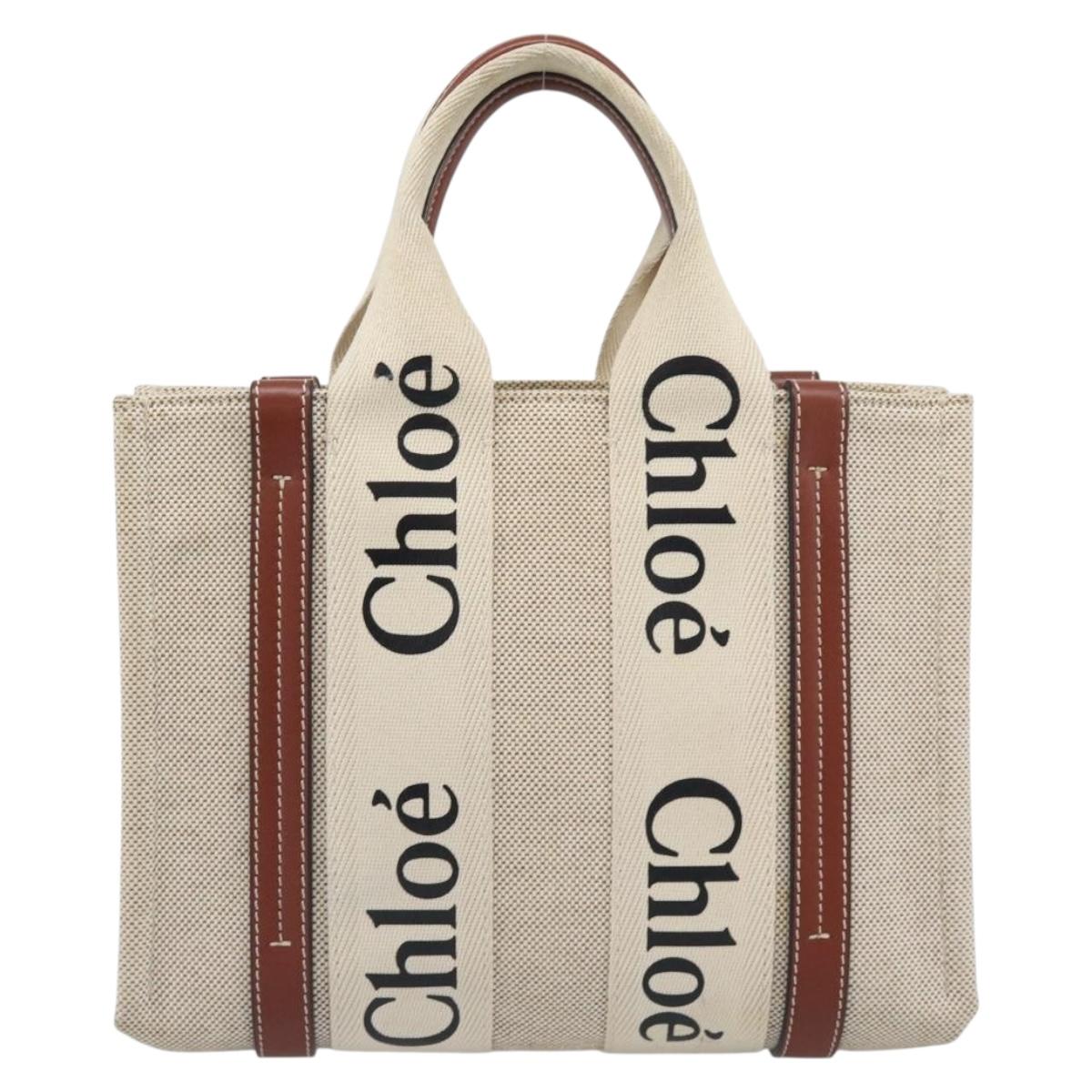 Chloe Woody Small Hand Bag Canvas Beige Brown Auth 192780