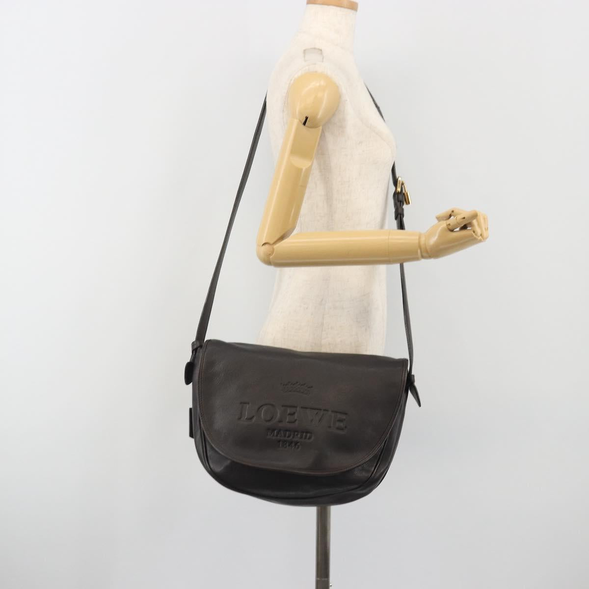 LOEWE Shoulder Bag Leather Dark Brown Gold Tone Auth 192782A