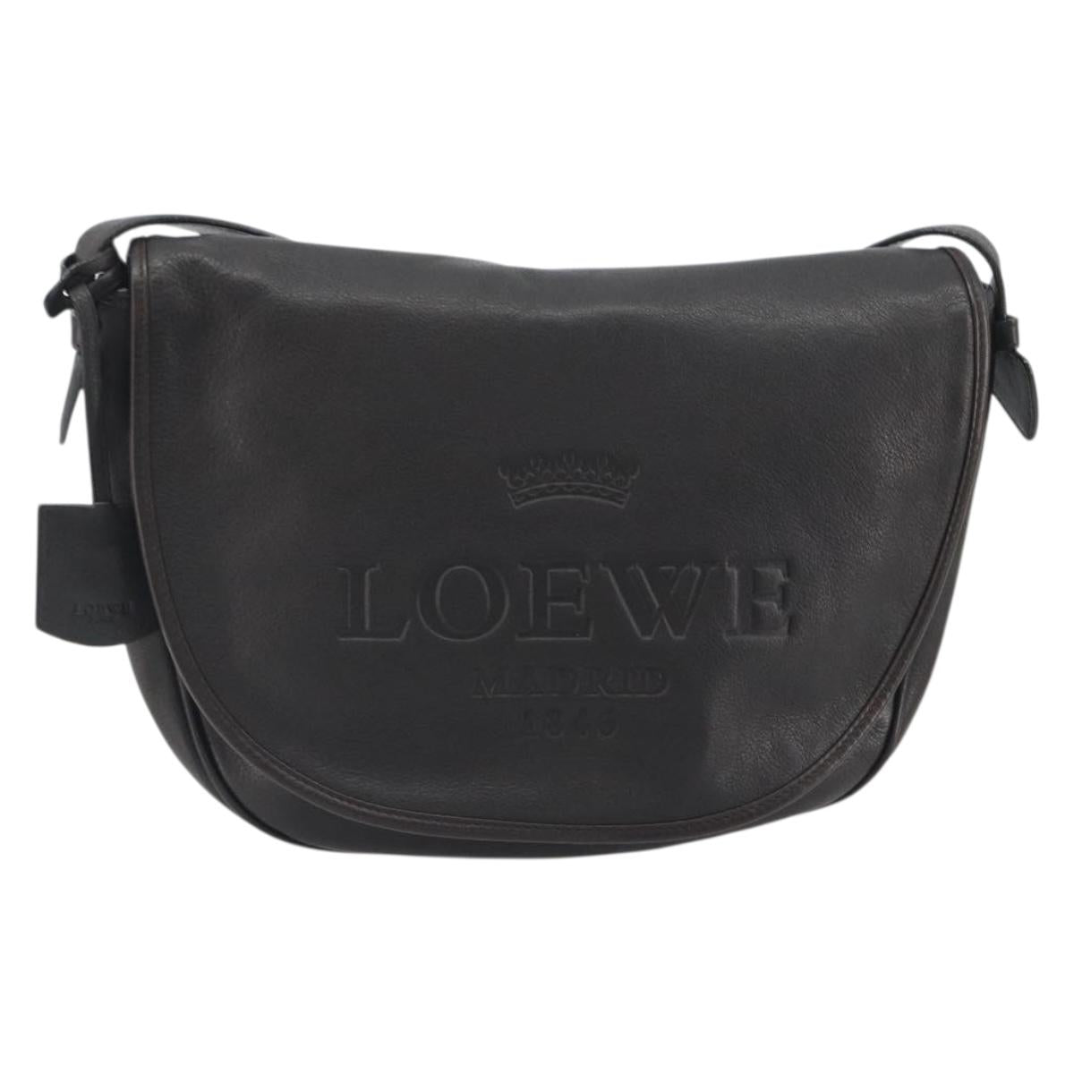 LOEWE Shoulder Bag Leather Dark Brown Gold Tone Auth 192782A