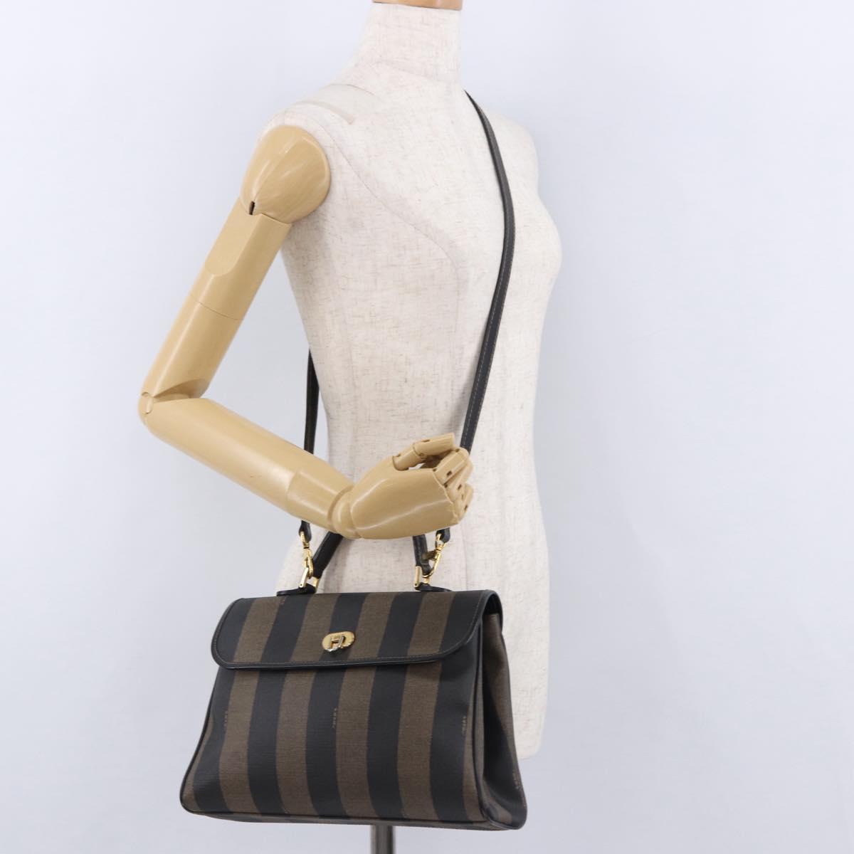 FENDI Pecan Hand Bag PVC Leather 2way Brown Gold Tone Auth 192783A