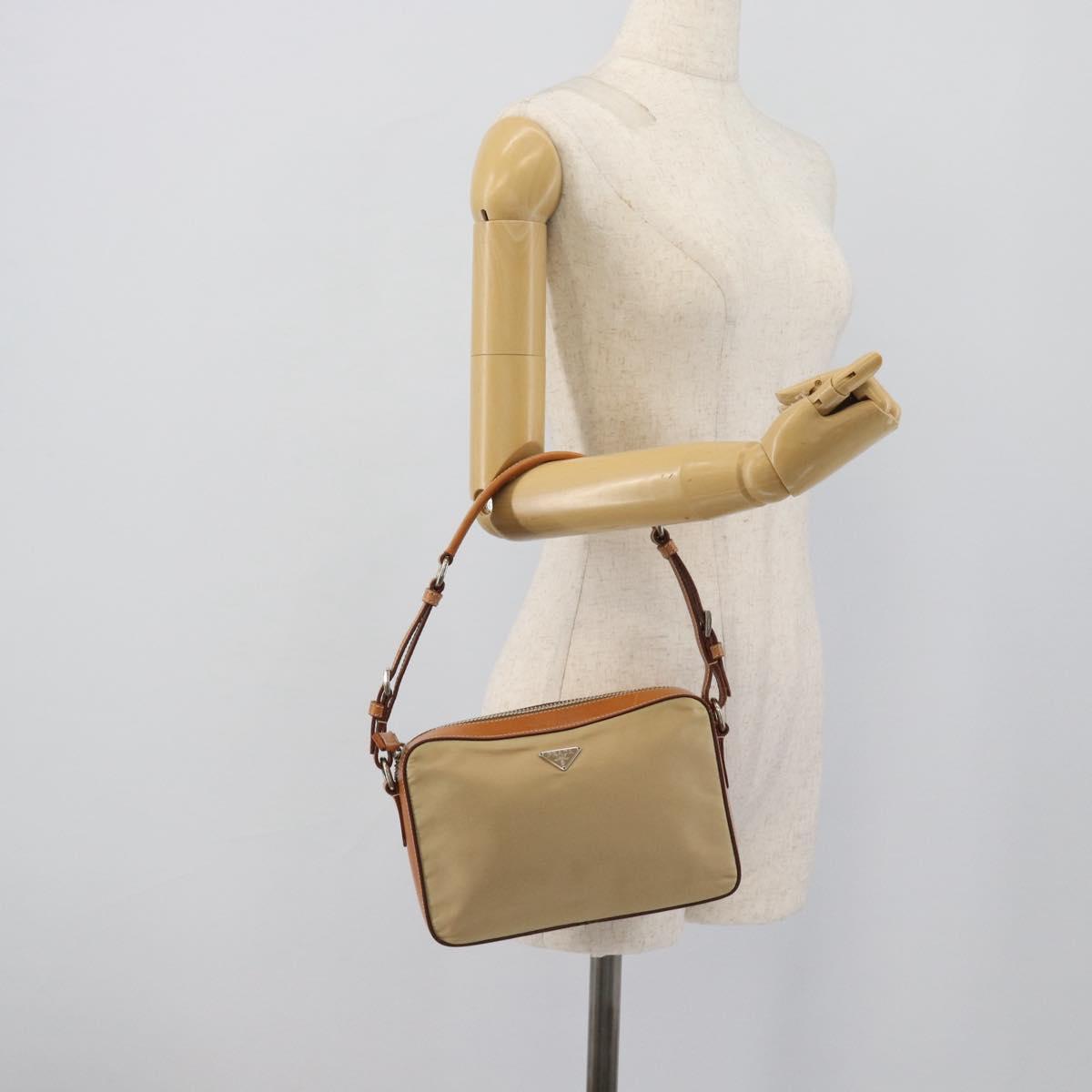 PRADA Shoulder Bag Nylon Beige Silver Auth 192786