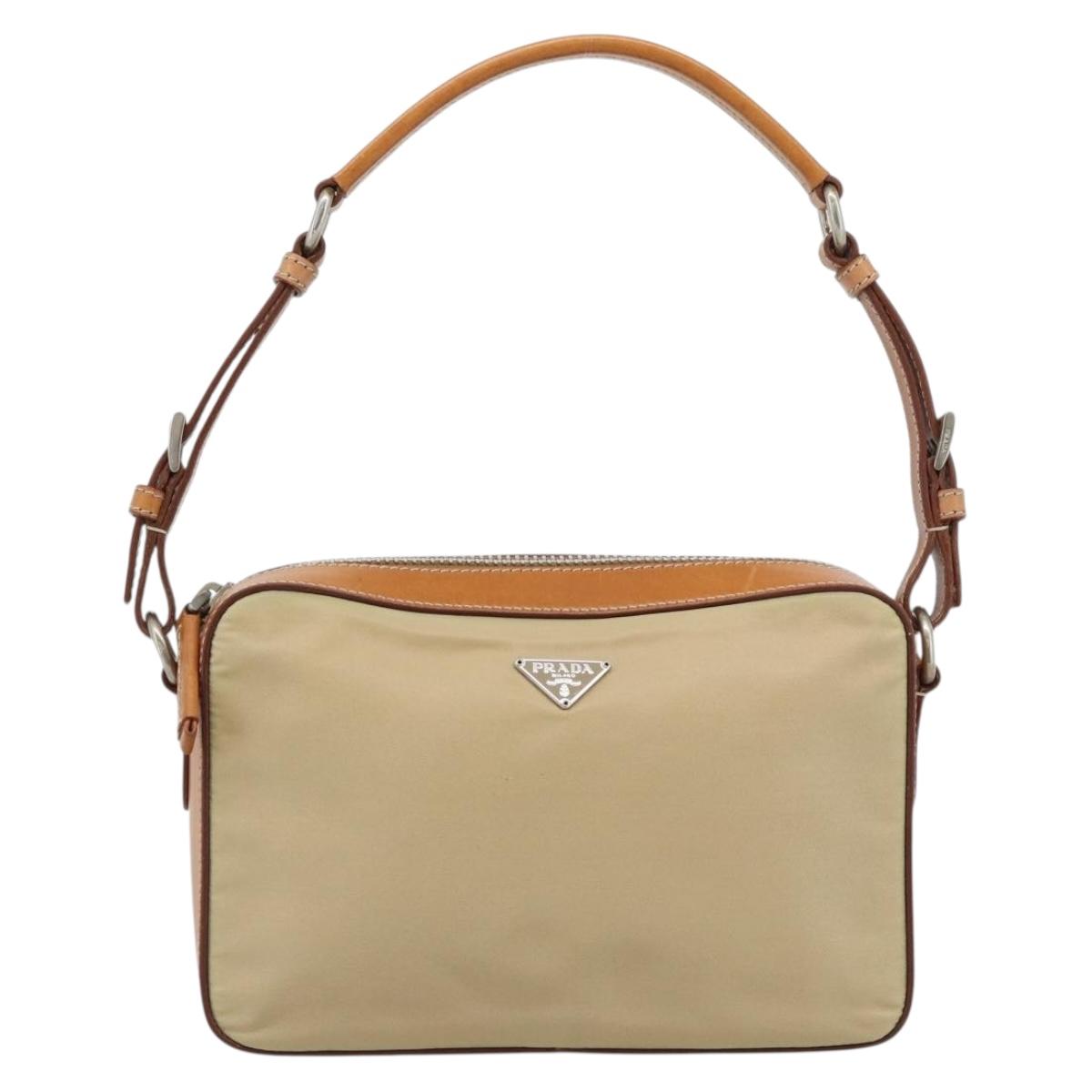 PRADA Shoulder Bag Nylon Beige Silver Auth 192786