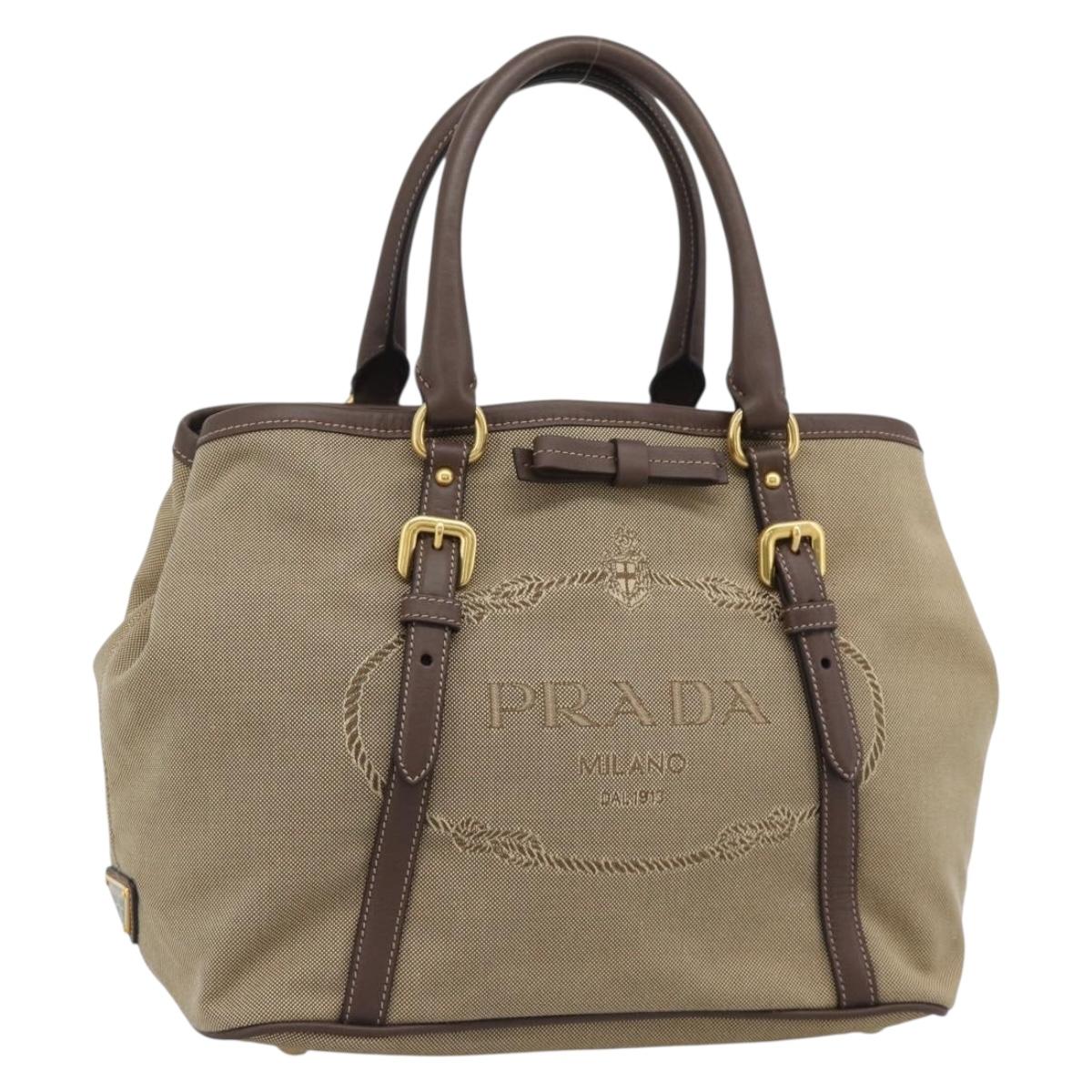PRADA Hand Bag Canvas Brown Gold Tone Auth 192789A