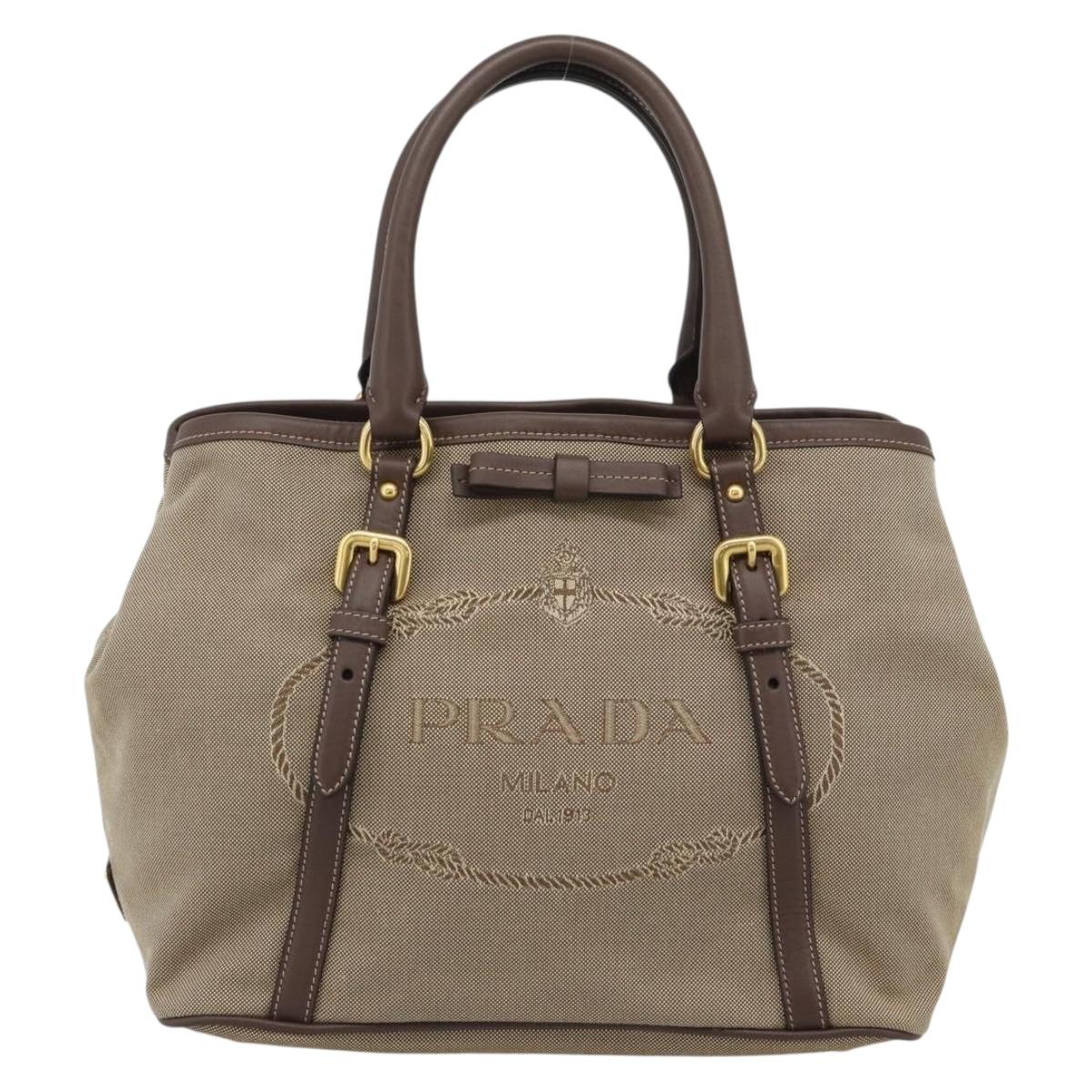 PRADA Hand Bag Canvas Brown Gold Tone Auth 192789A