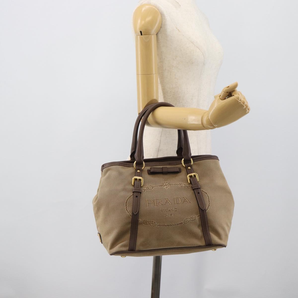 PRADA Hand Bag Canvas Brown Gold Tone Auth 192789A