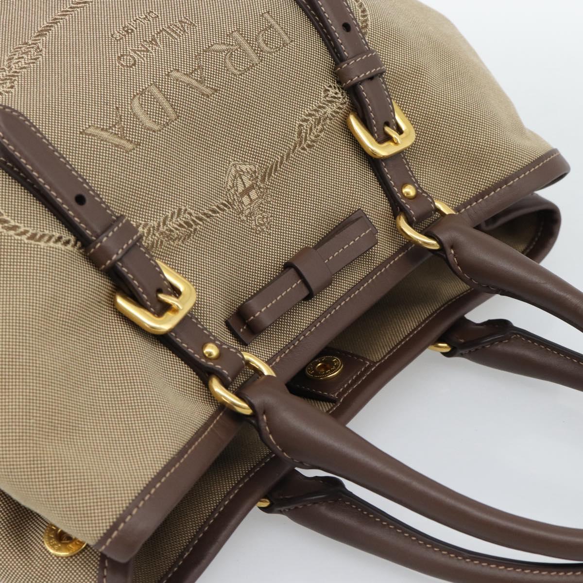 PRADA Hand Bag Canvas Brown Gold Tone Auth 192789A
