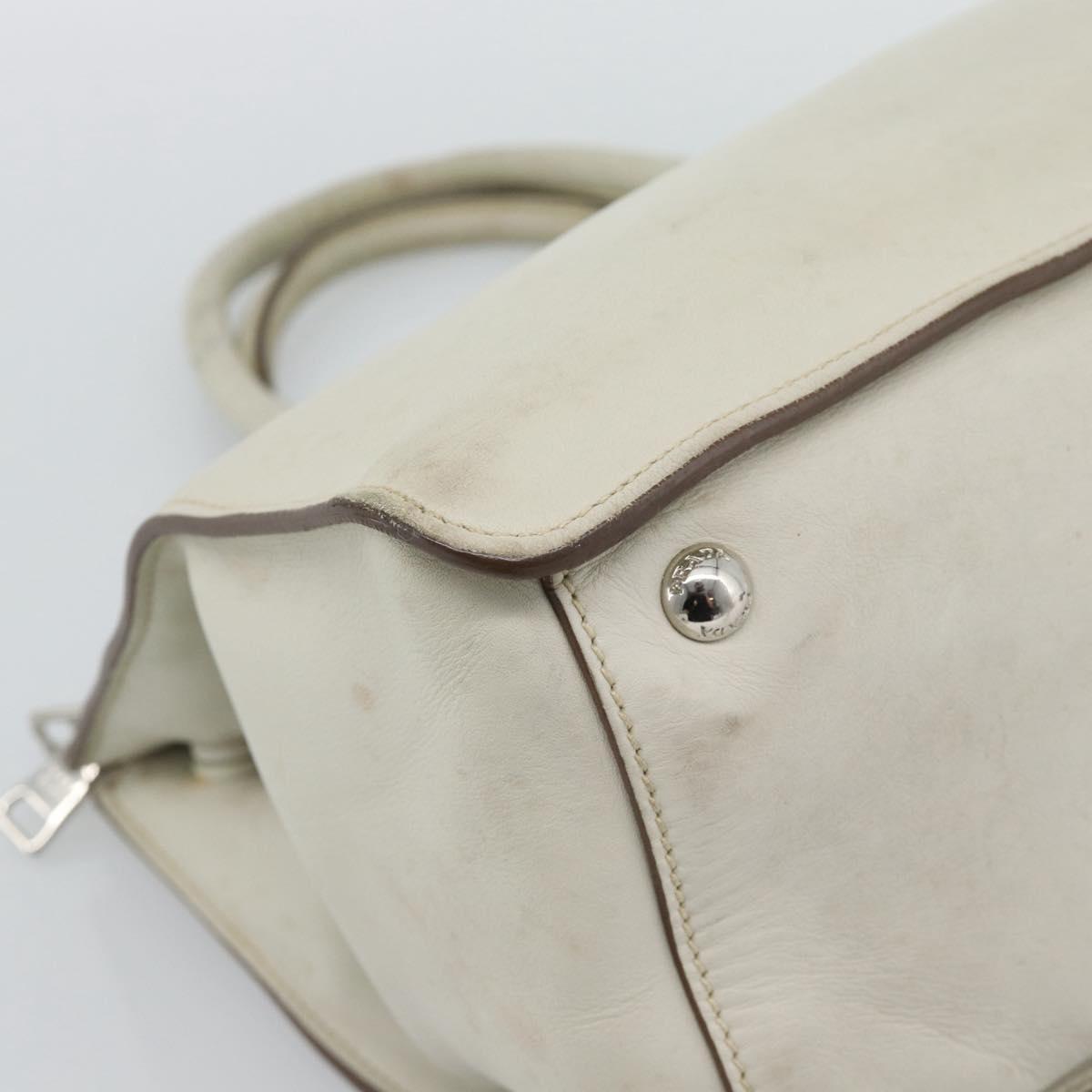 PRADA Hand Bag Leather Ivory Silver Auth 192790