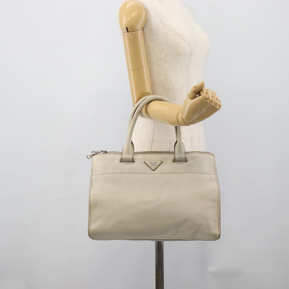 PRADA Hand Bag Leather Ivory Silver Auth 192790