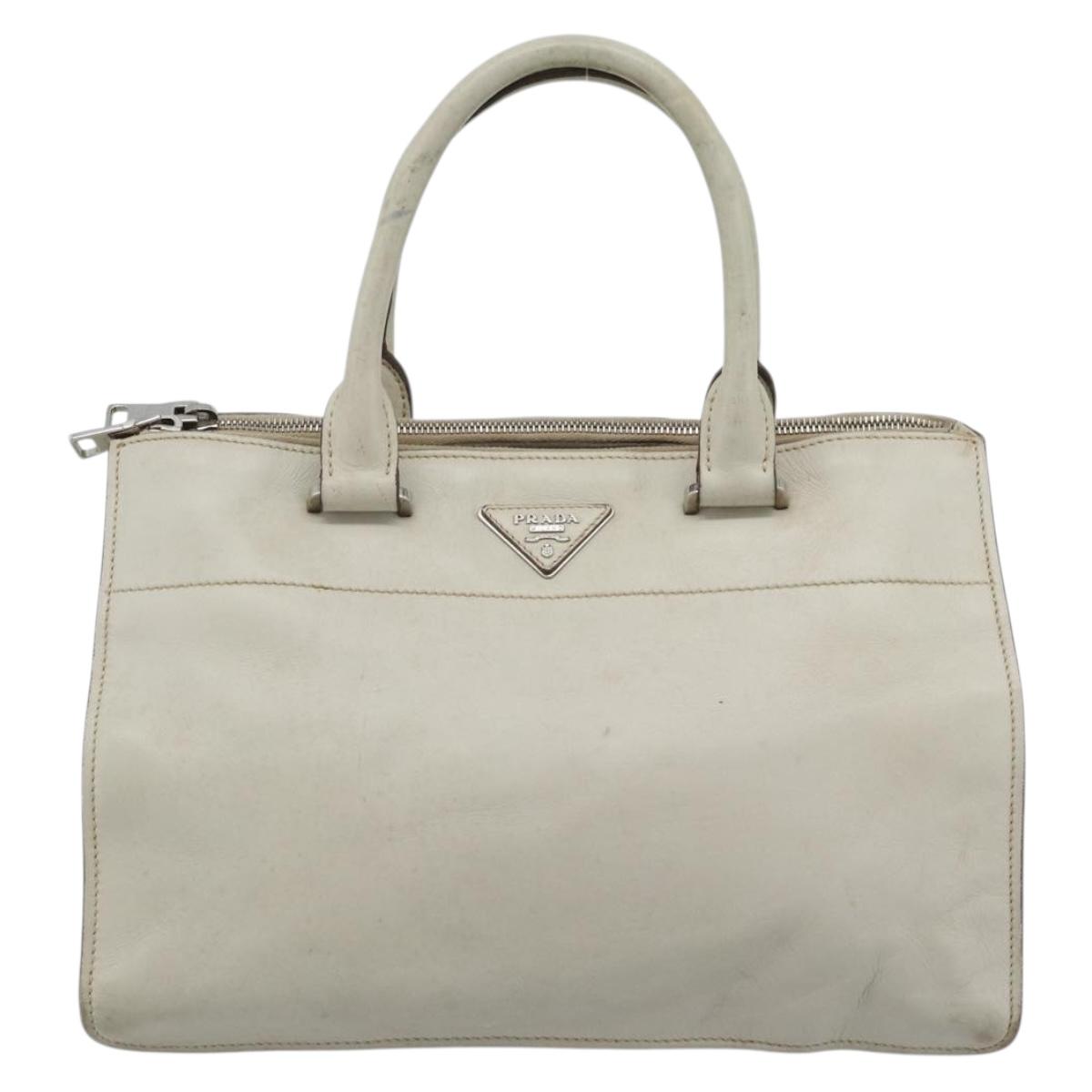 PRADA Hand Bag Leather Ivory Silver Auth 192790
