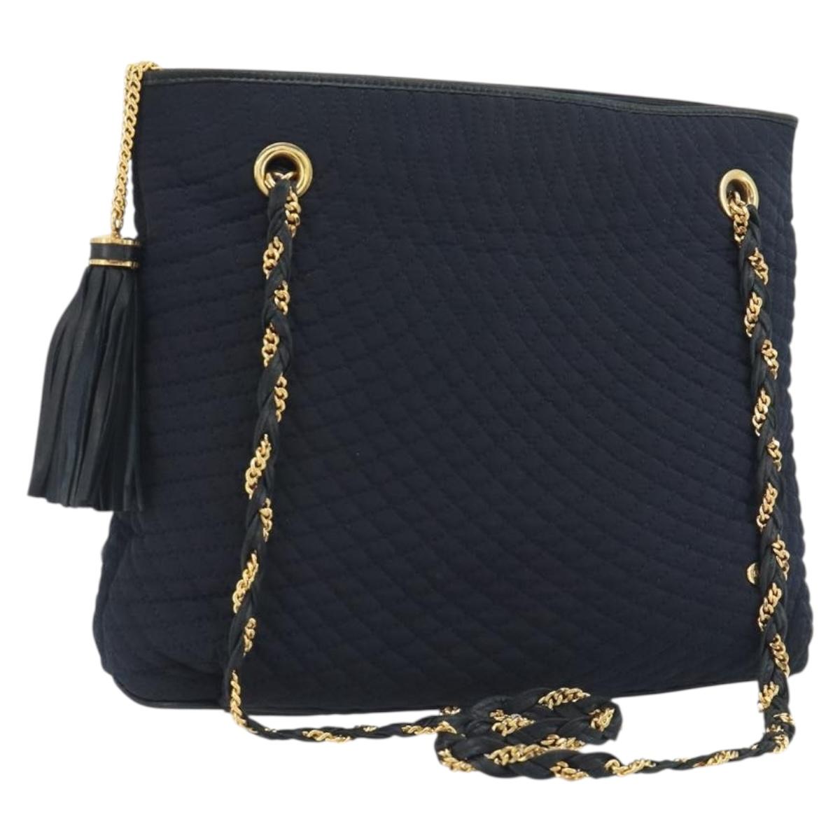 BALLY Chain Shoulder Bag Nylon Navy Gold Tone Auth 192792