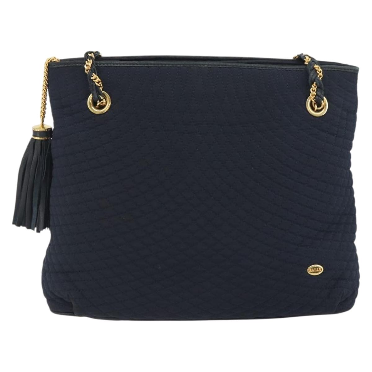 BALLY Chain Shoulder Bag Nylon Navy Gold Tone Auth 192792