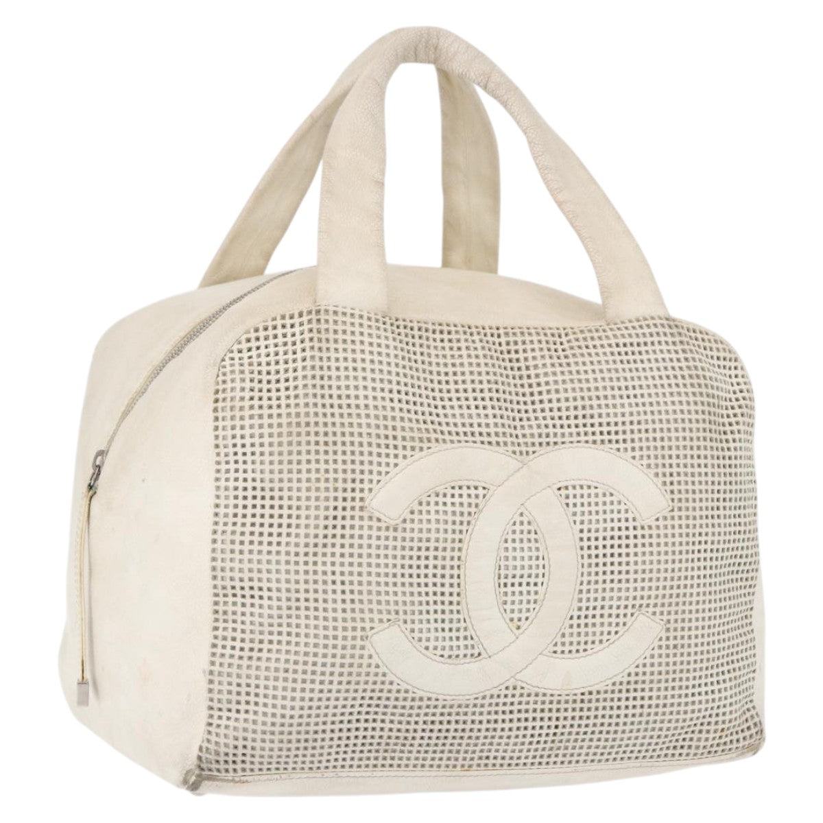 CHANEL COCO Mark Hand Bag Leather Ivory Silver CC Auth 192801