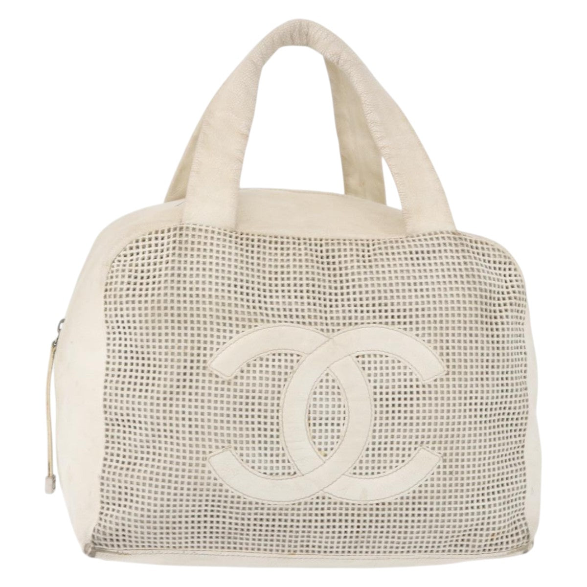 CHANEL COCO Mark Hand Bag Leather Ivory Silver CC Auth 192801
