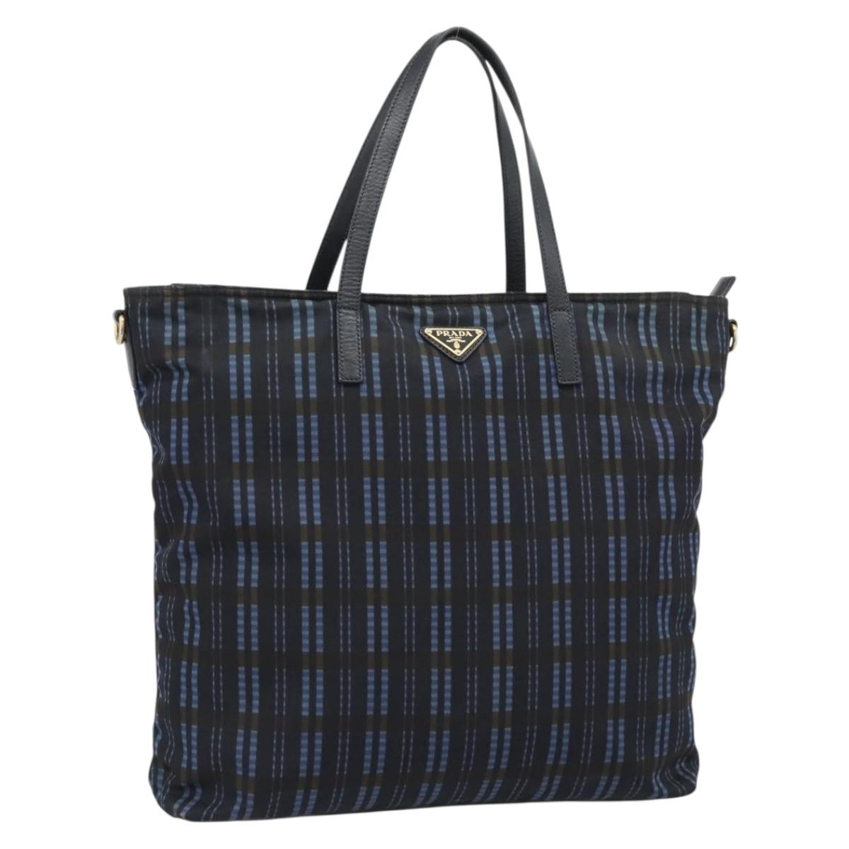 PRADA Tote Bag Nylon Navy Gold Tone Auth 192816A