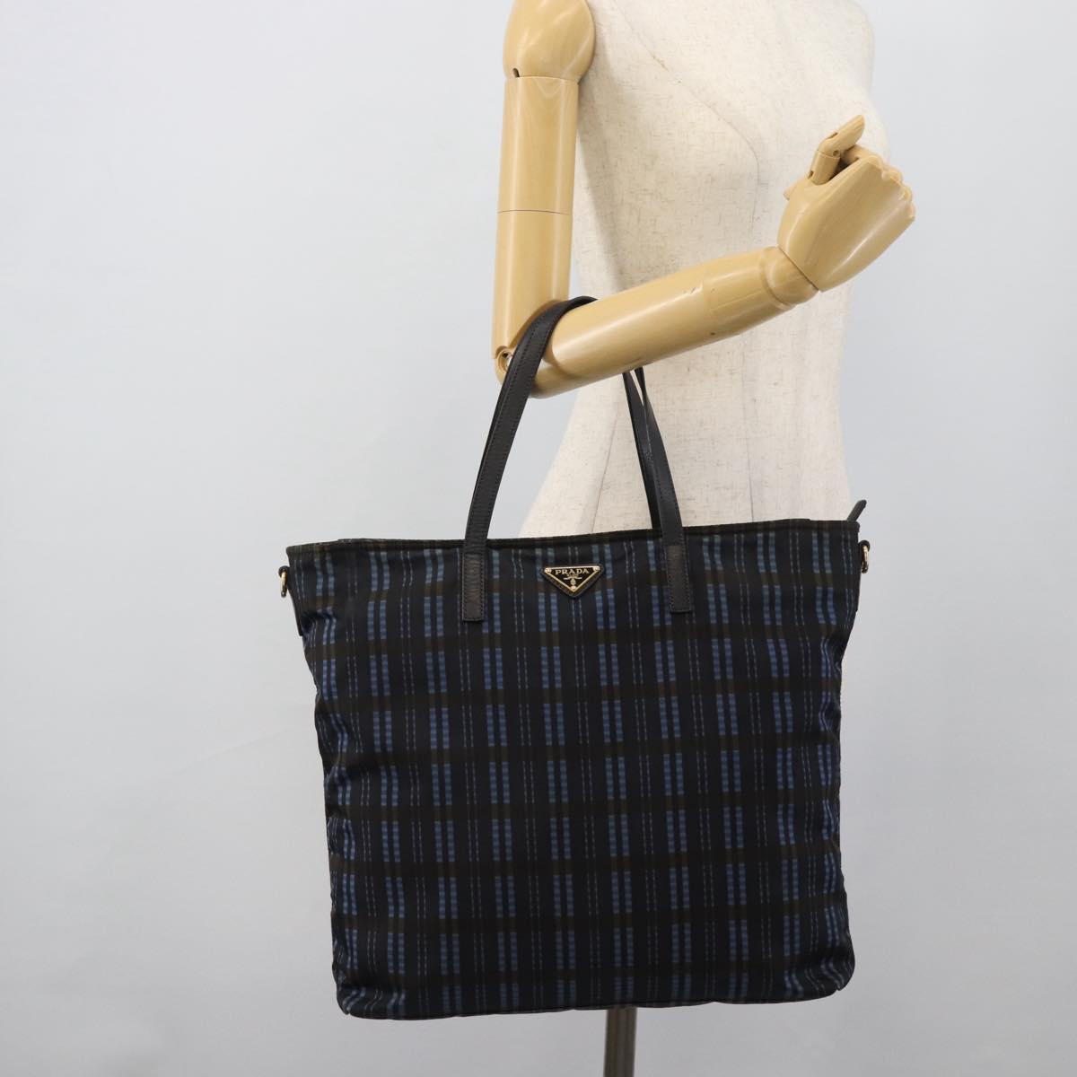 PRADA Tote Bag Nylon Navy Gold Tone Auth 192816A