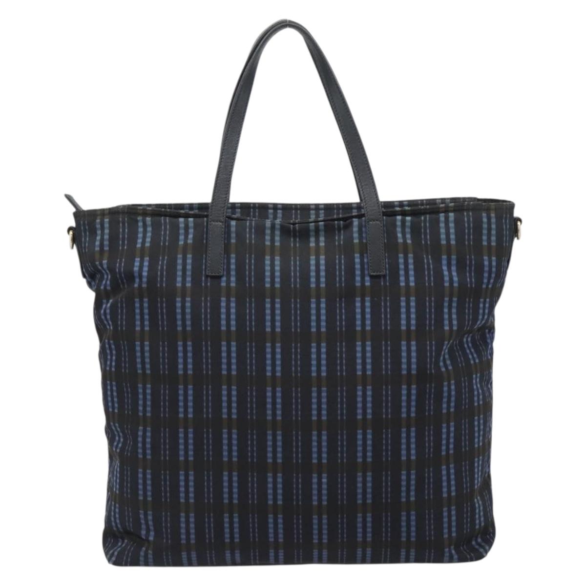 PRADA Tote Bag Nylon Navy Gold Tone Auth 192816A