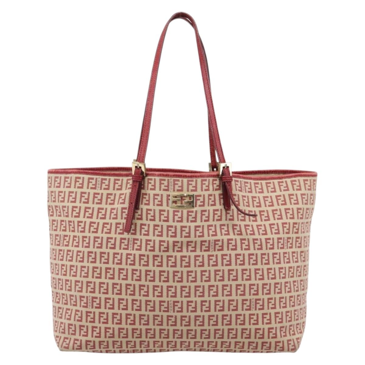 FENDI Zucchino Canvas Tote Bag Red Gold Tone 8BH127 Auth 192817A