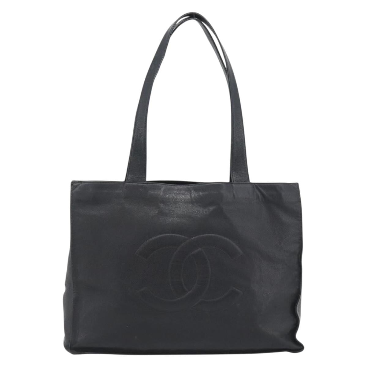 CHANEL COCO Mark Tote Bag Caviar Skin Black Gold Tone CC Auth 192819