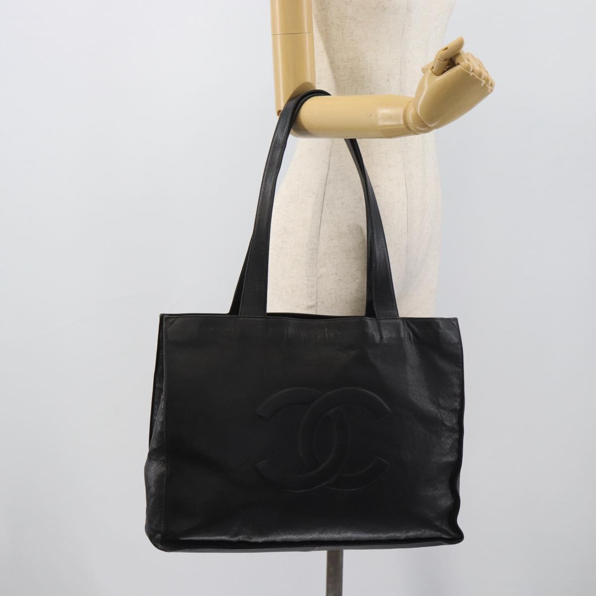 CHANEL COCO Mark Tote Bag Caviar Skin Black Gold Tone CC Auth 192819