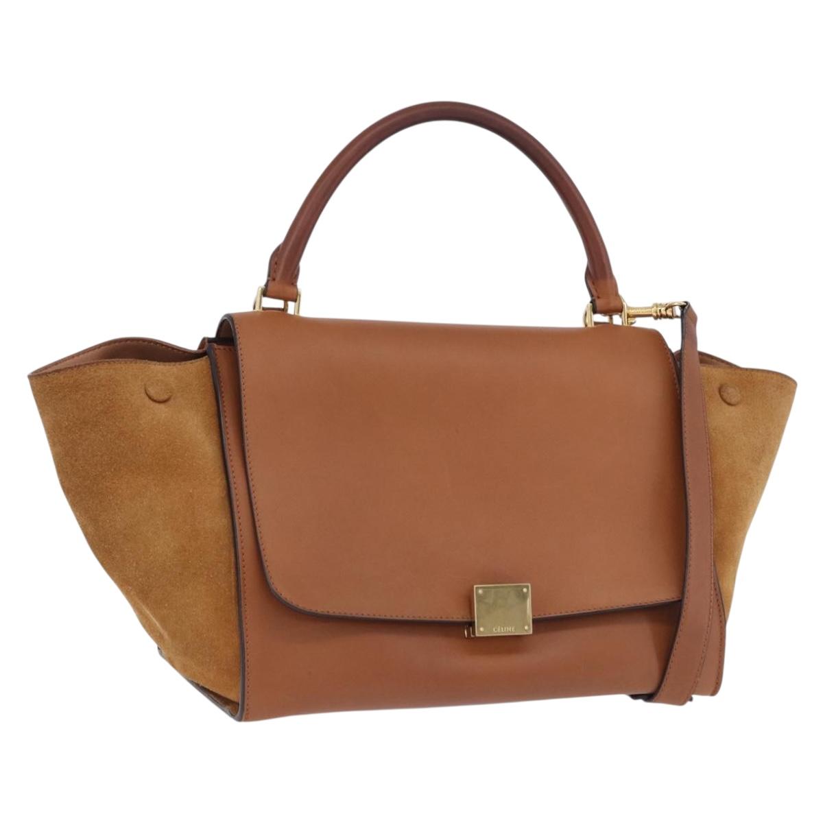 CELINE Trapeze Hand Bag Leather 2way Brown Gold Tone Auth 192822A
