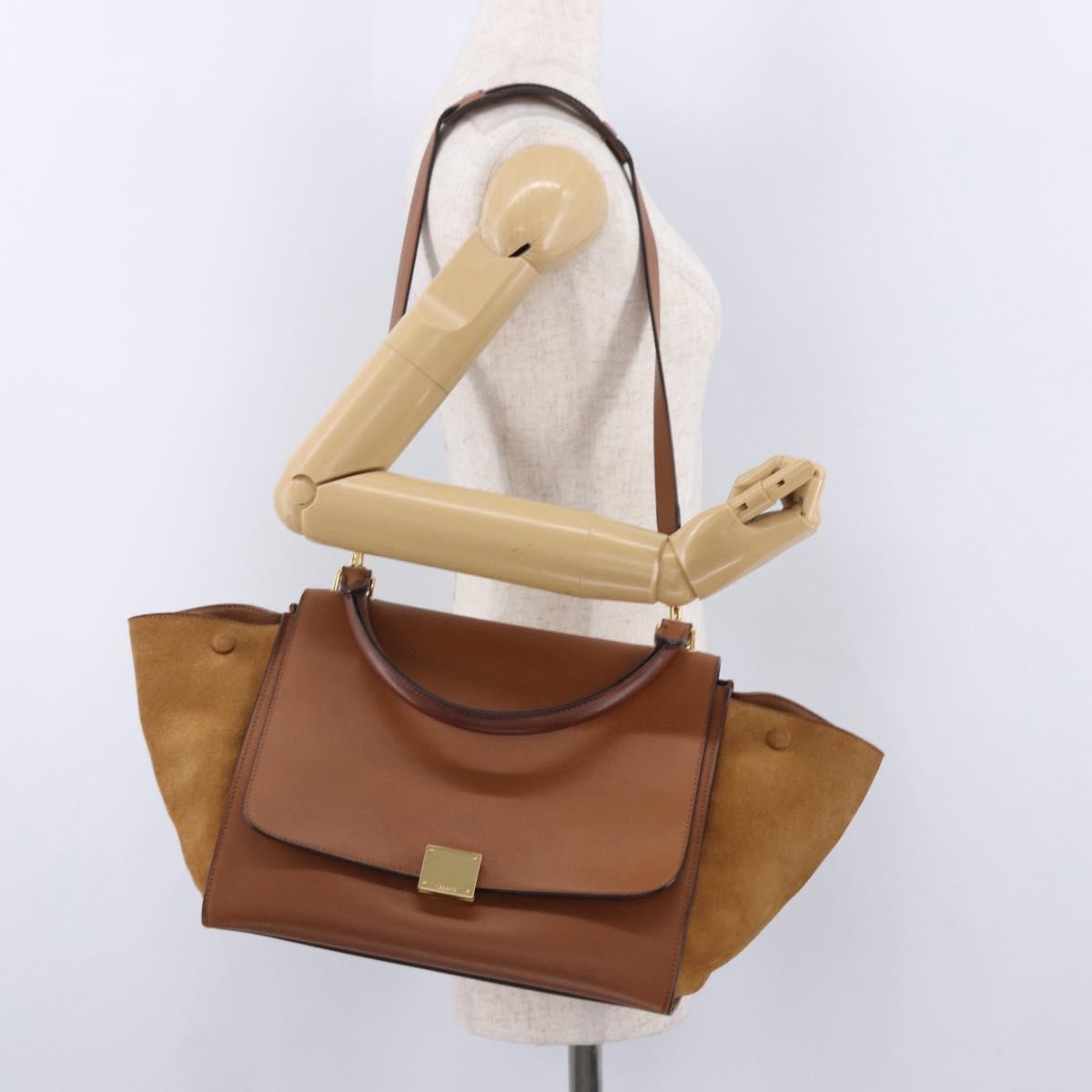 CELINE Trapeze Hand Bag Leather 2way Brown Gold Tone Auth 192822A