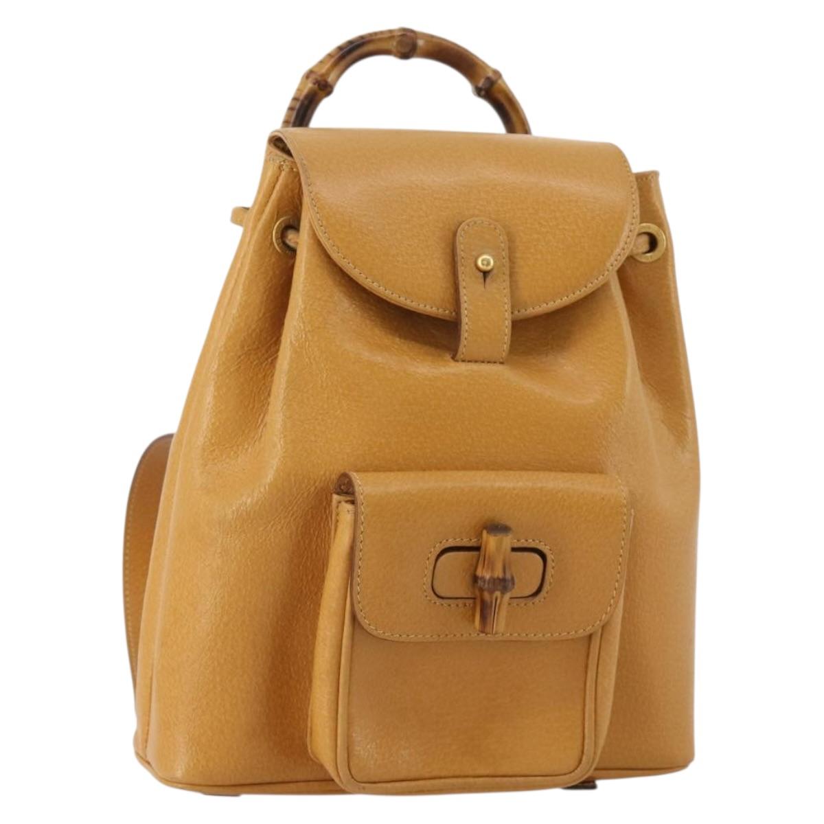 GUCCI Bamboo Backpack Leather Beige Gold Tone Auth 192827A