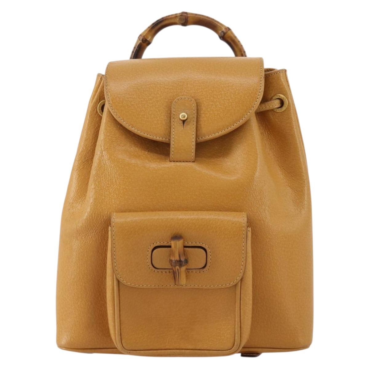 GUCCI Bamboo Backpack Leather Beige Gold Tone Auth 192827A