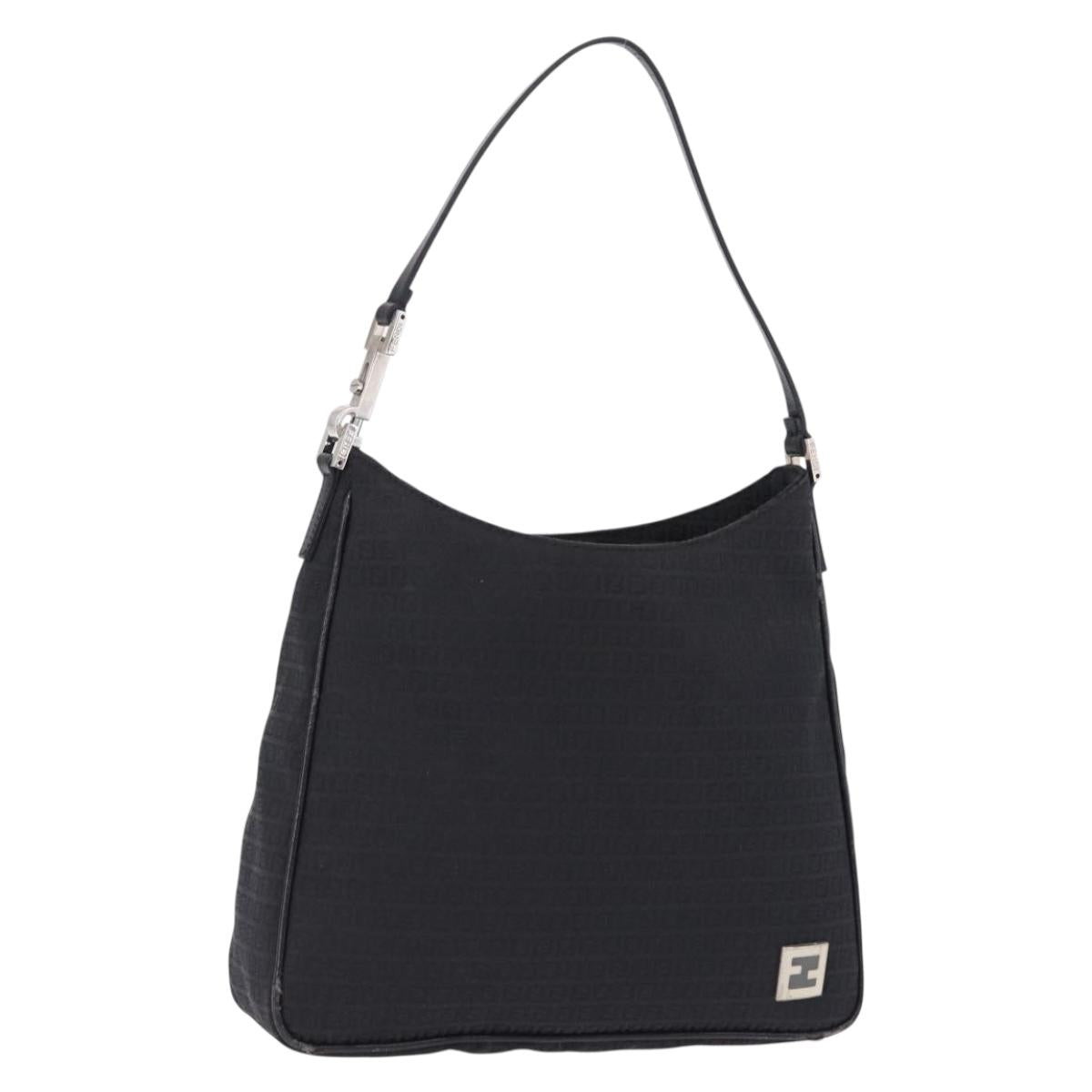 FENDI Zucchino Canvas Shoulder Bag Black Silver 8BR169 Auth 192840