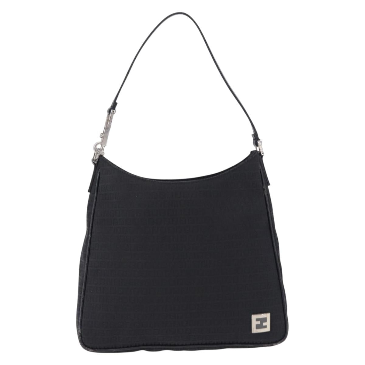 FENDI Zucchino Canvas Shoulder Bag Black Silver 8BR169 Auth 192840
