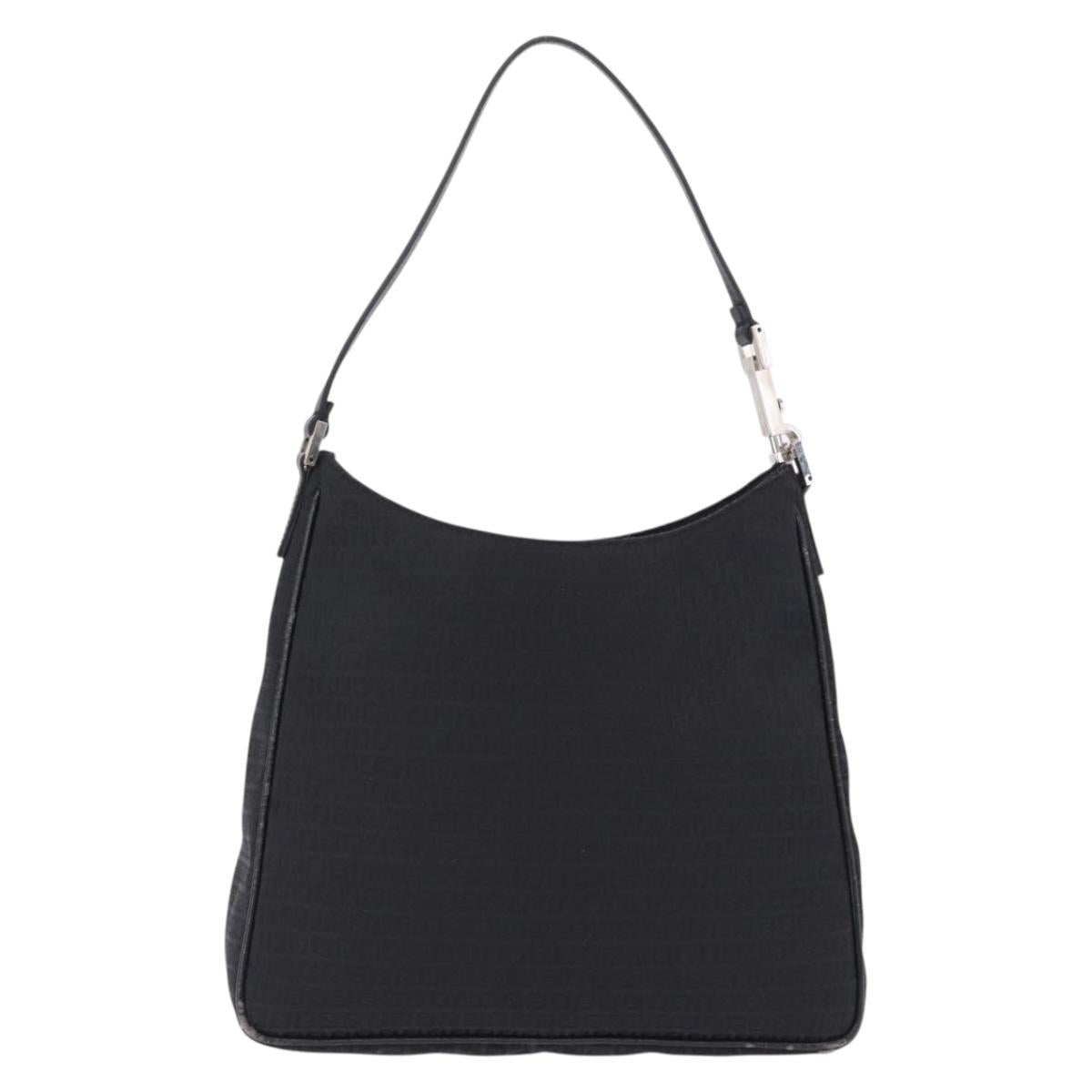 FENDI Zucchino Canvas Shoulder Bag Black Silver 8BR169 Auth 192840