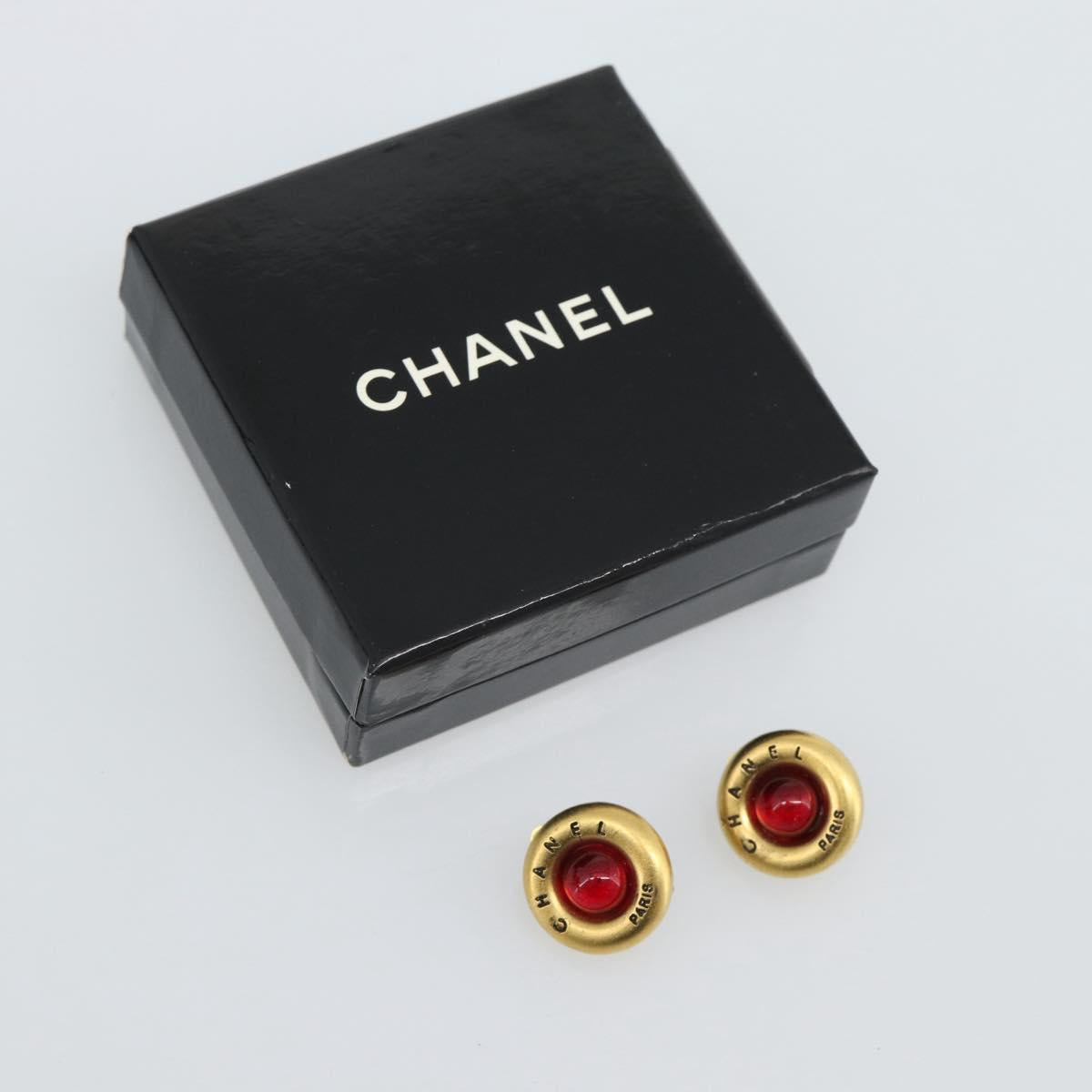 CHANEL Earring Metal Gold Tone Red CC Auth 192857V