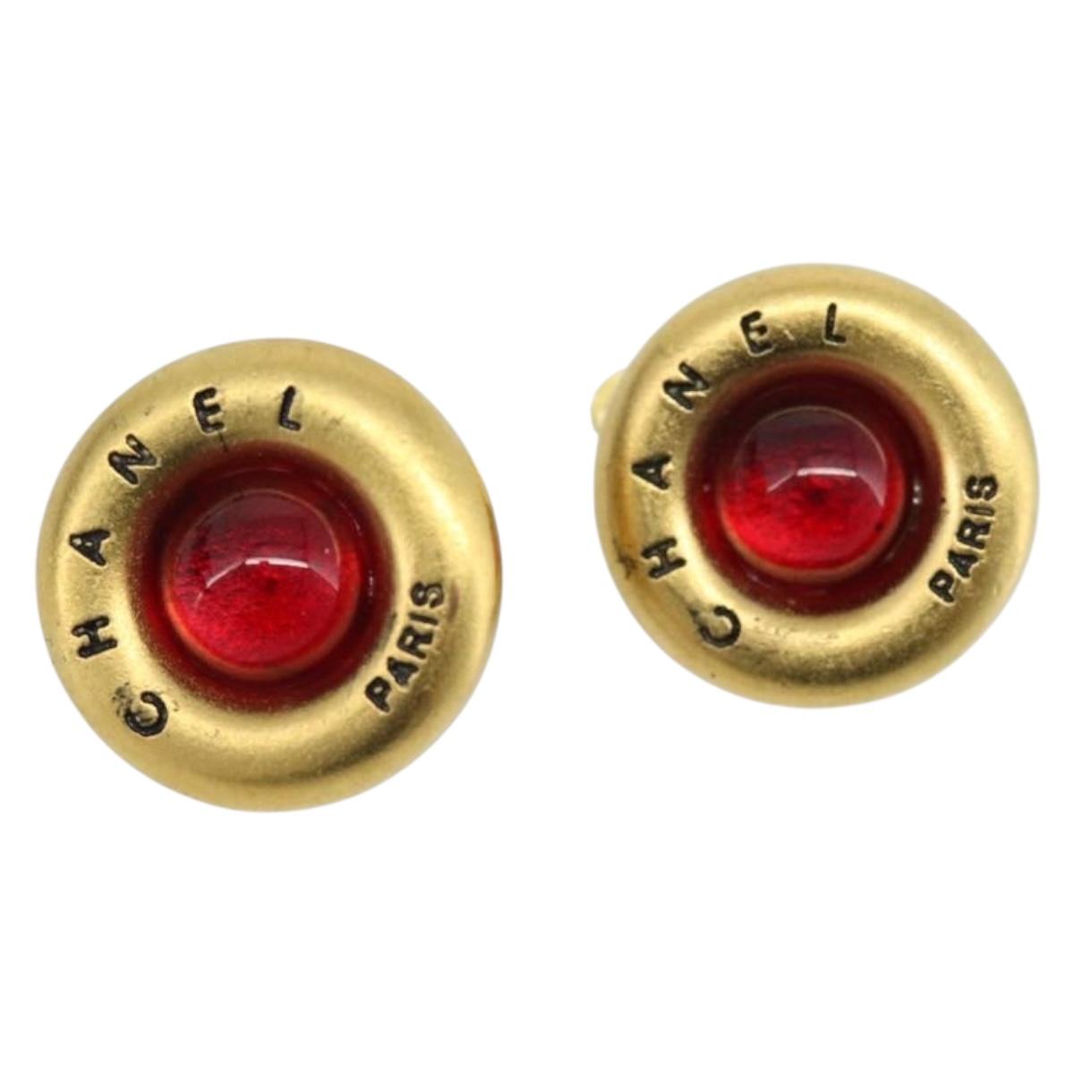 CHANEL Earring Metal Gold Tone Red CC Auth 192857V