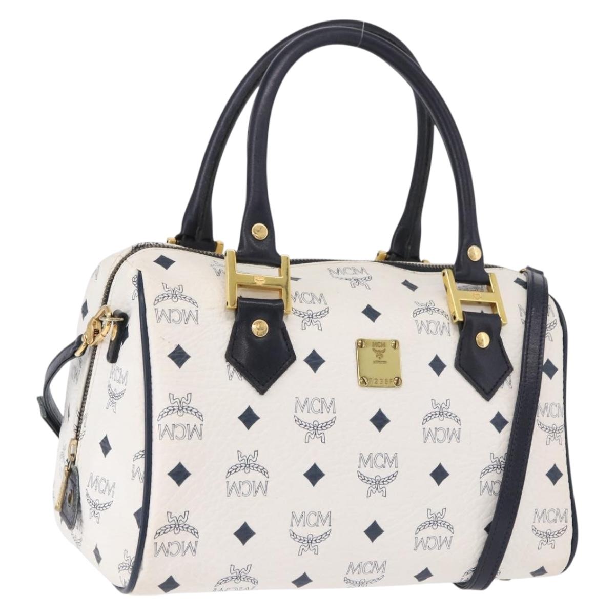 MCM Vicetos Boston Bag PVC Leather 2way White Gold Tone Auth 192878A