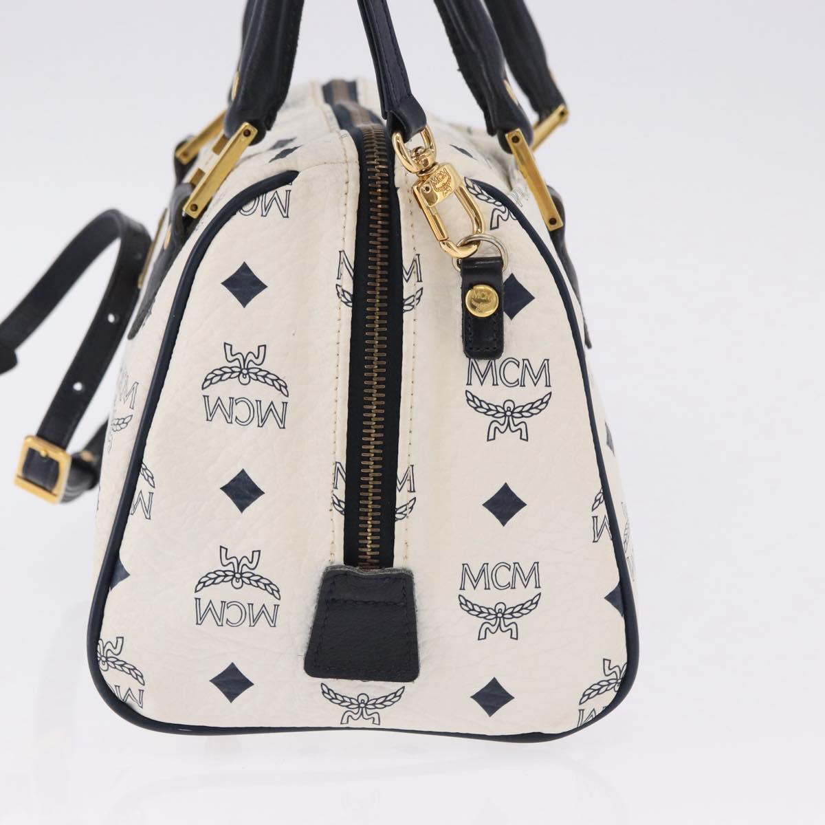 MCM Vicetos Boston Bag PVC Leather 2way White Gold Tone Auth 192878A