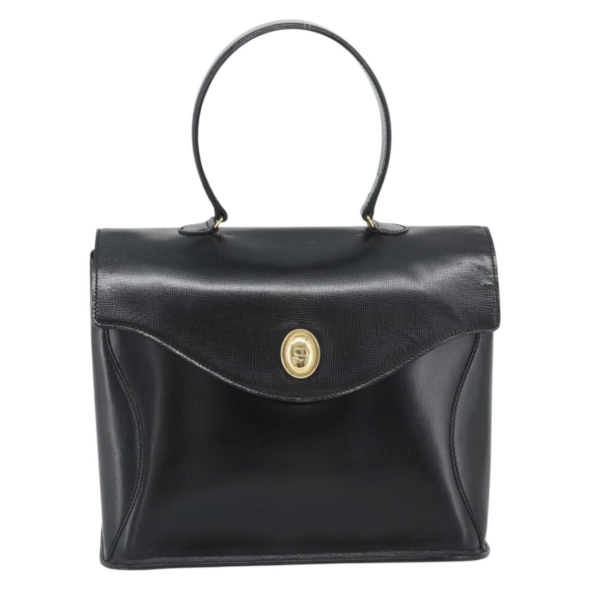 Christian Dior Hand Bag Leather Black Gold Tone Auth 192882