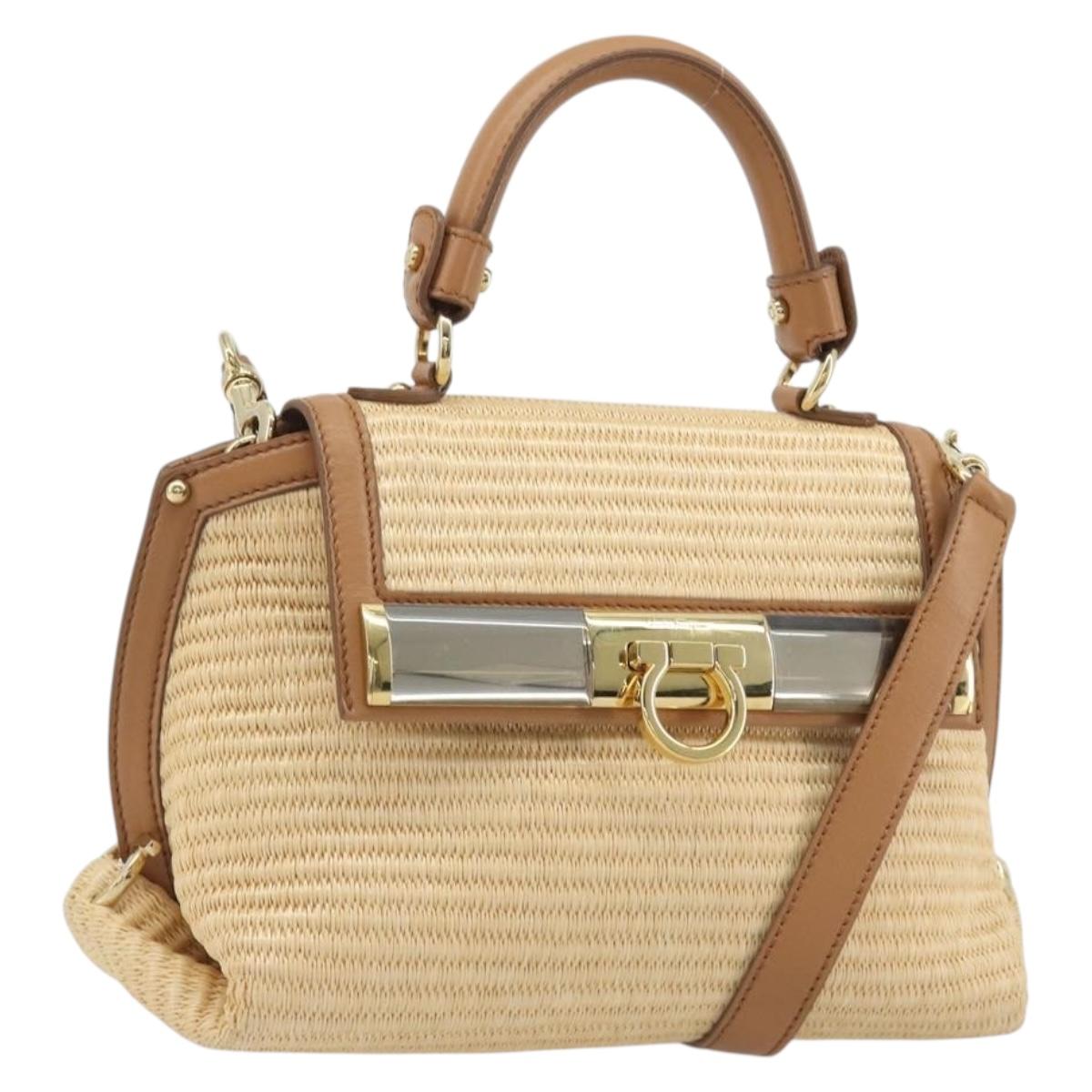 Salvatore Ferragamo Gancini Hand Bag Straw 2way Beige Gold Auth 192906V