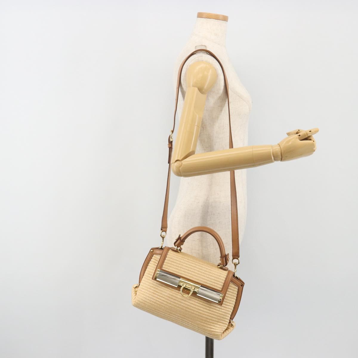 Salvatore Ferragamo Gancini Hand Bag Straw 2way Beige Gold Auth 192906V